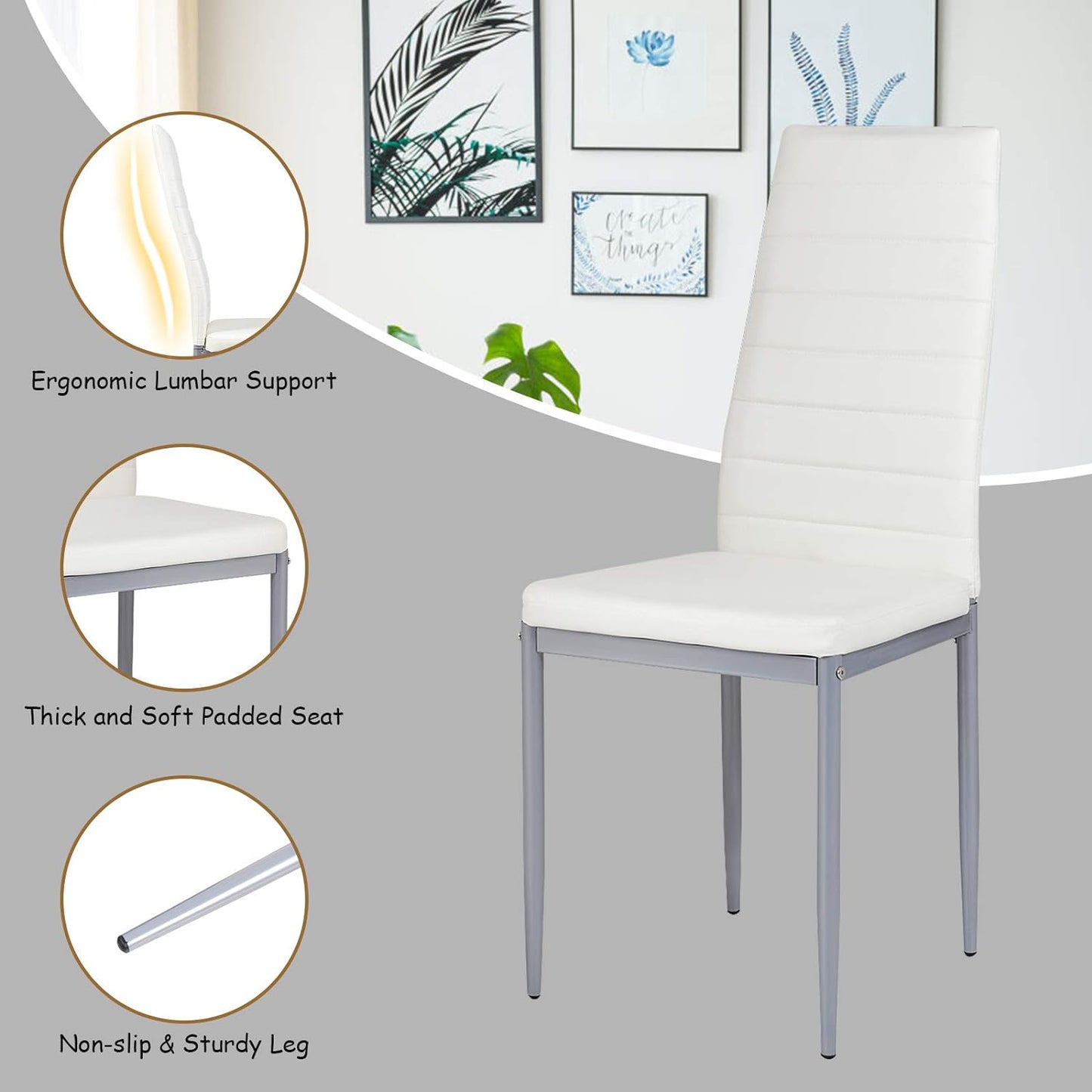 PU Leather Dining Chairs Set of 4, Upholstered Side Chairs W/Ergonomic High Backrest & Steel Frame, Dining Side Chairs for Kitchen, Dining Room, Restaurant (White)