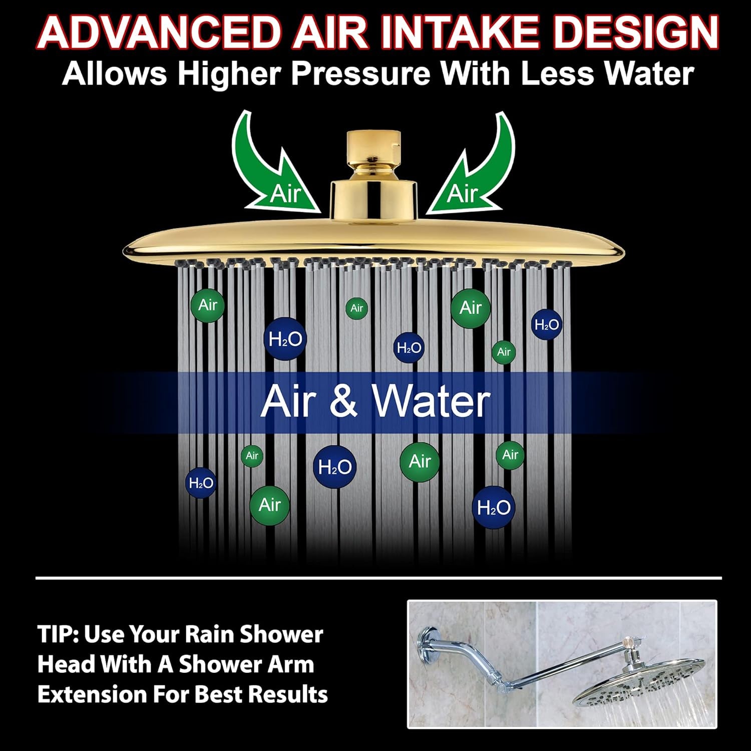 Waterfall Showerhead - 9 Inch Large Overhead Rain Shower Head - High Flow Best with Extension Arm, 1.8 GPM - Polished Brass & California Certified