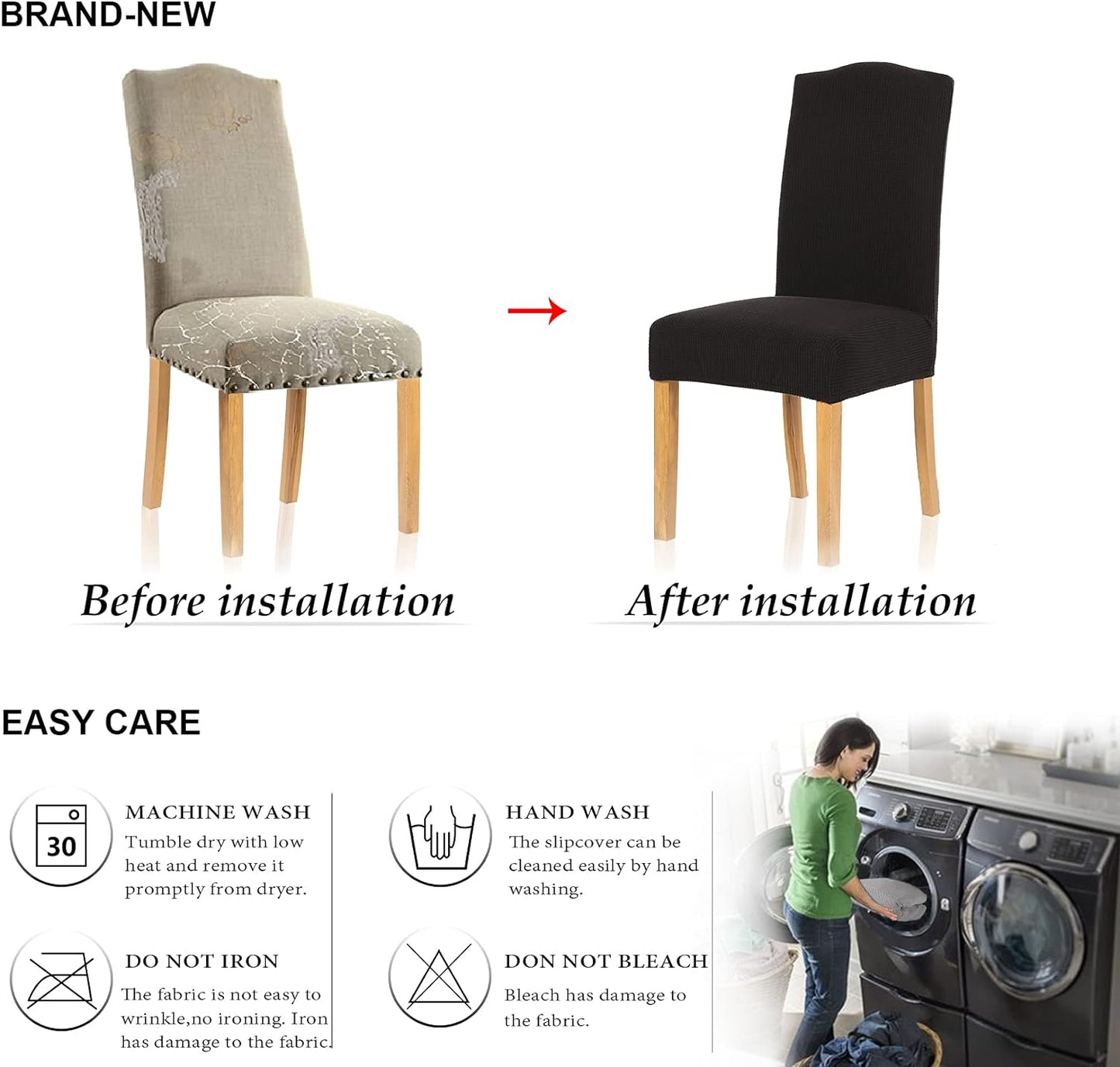 Stretch Chair Covers for Dining Room Set of 2, Dining Room Chair Covers for Home Decor, Removable Dining Chair Cover Non-Slip Kitchen Chair Cover Parson Chair Slipcover (2 Pack, Black)