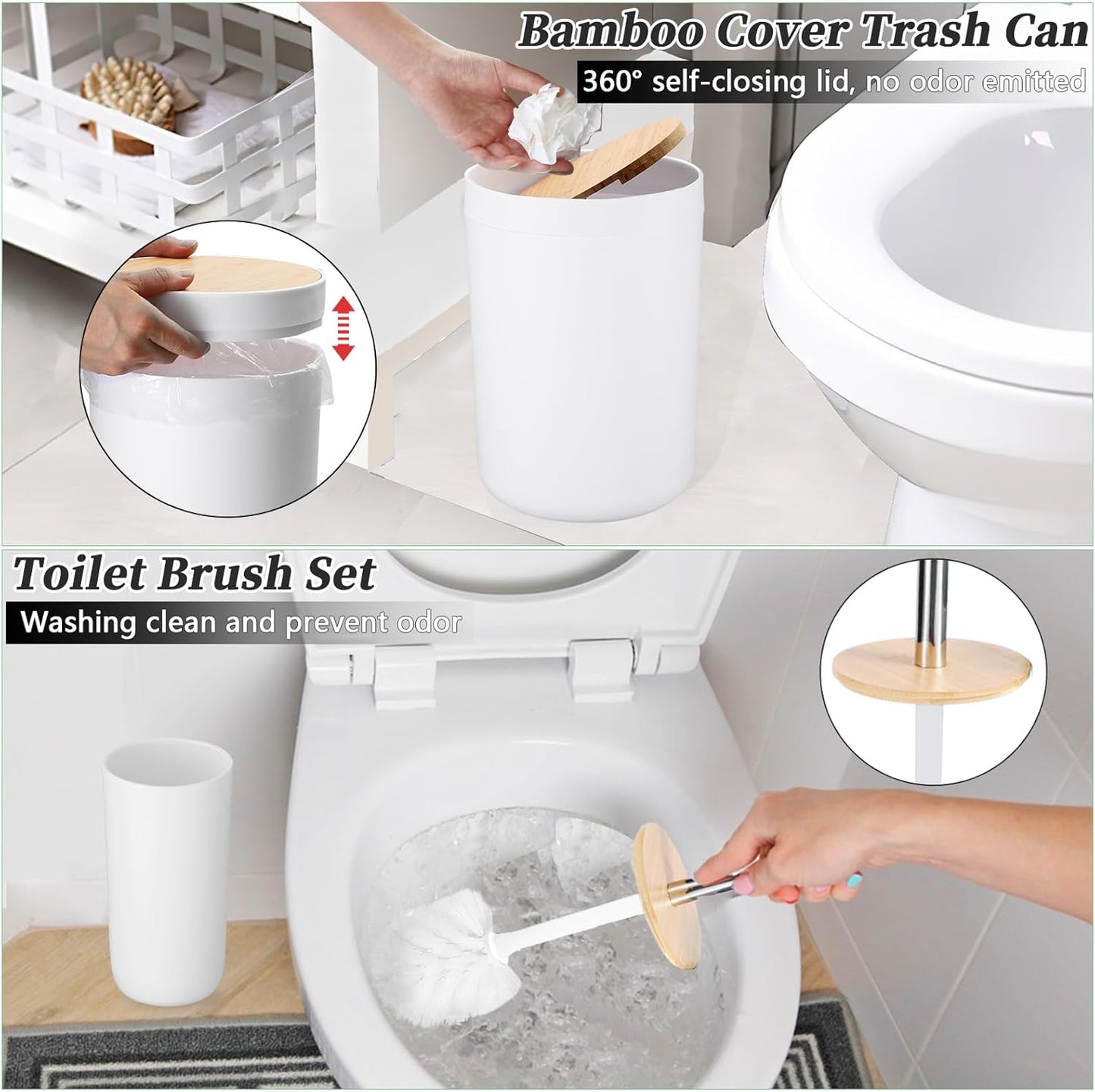 9 Pieces Bathroom Accessory Set, White Bathroom Accessories Set with Trash Can, Tray, Soap Dispenser, Toothbrush Holder, Toothbrush Cup, Soap Dish, Toilet Brush and Q-Tip Holders for Bathroom