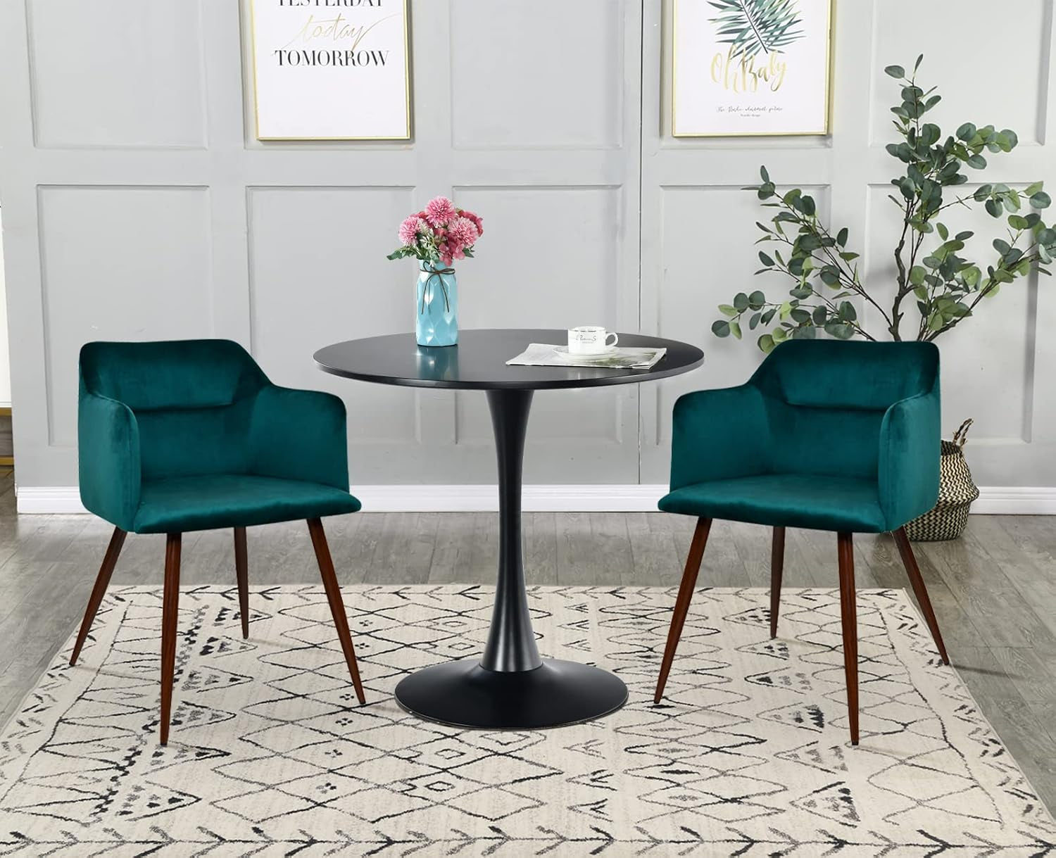 Black round Dining Table,Modern Tulip Dining Room Table with MDF Top,Metal Pedestal End Table Leisure Coffee Table Kitchen Table Small Office Table for 2 or 4 Person,31.5" W,29.5" H