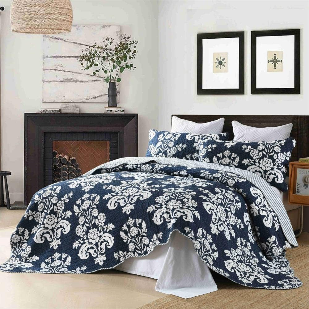 King Size Quilt, 100% Cotton Navy Blue Quilt Set Lightweight Quilted Bedspread Farmhouse Paisley Floral Reversible King Size Quilt Bedding Set for All Season 3-Piece