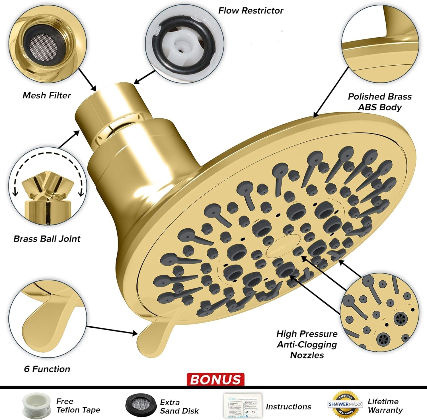 Luxury Spa: Imperialshine Gold Shower Head, 5 Inch 6 Spray Adjustable High Pressure Showerhead with 360 Degree Tilt, Experience Comfort and Elegance (Polished Brass/Imperialshine Gold)