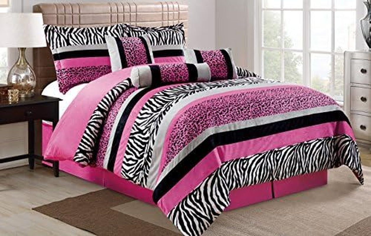 7 Piece Oversize HOT Pink Black White Zebra Leopard Micro Fur Comforter Set Queen Size Bedding 94"X92"