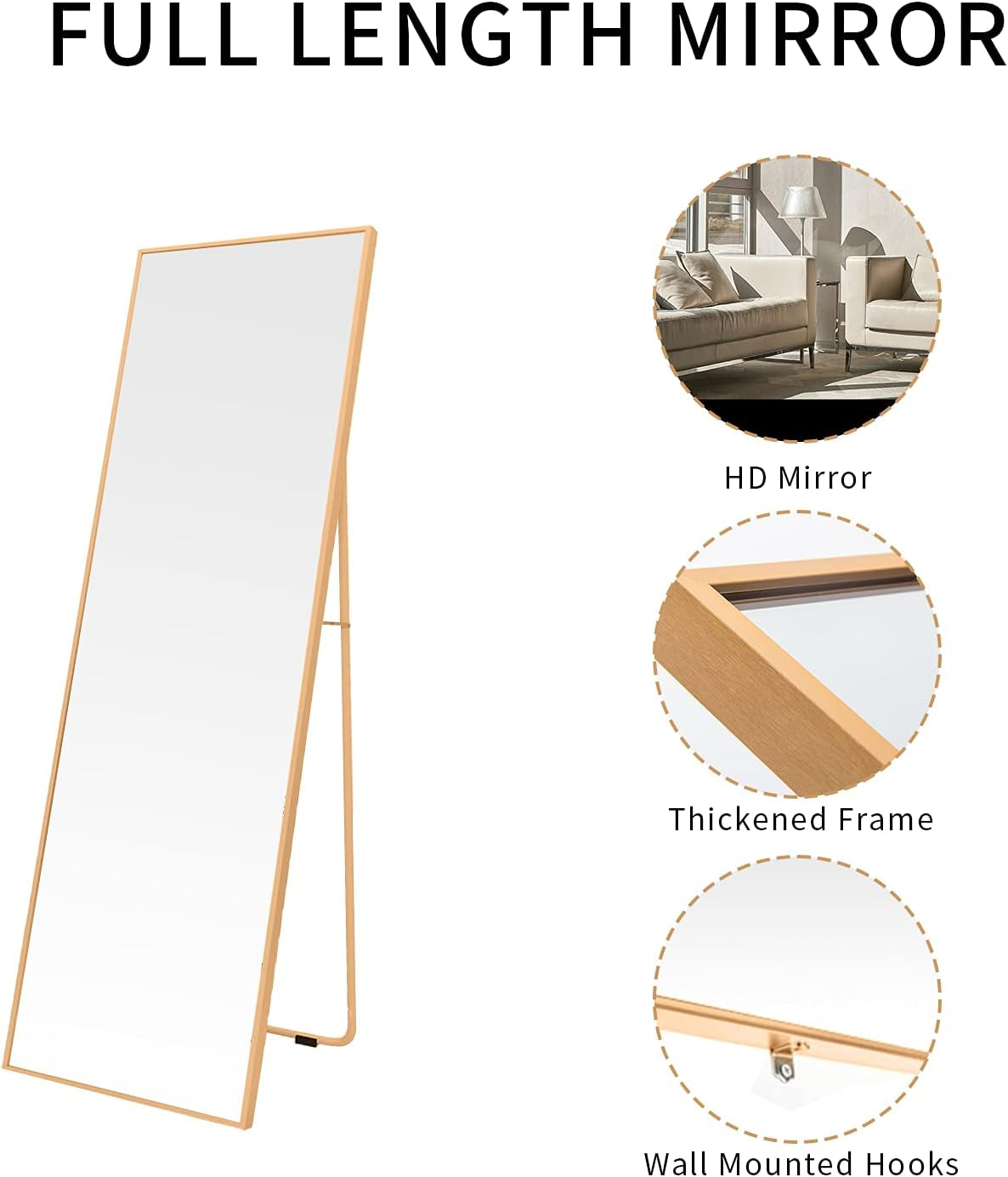 Full Length Mirror Floor Mirror Hanging Standing or Leaning Full Body Dressing Mirror with Gold Aluminum Alloy Frame, Bedroom, Living Room Mirror Wall-Mounted 59" X 16"