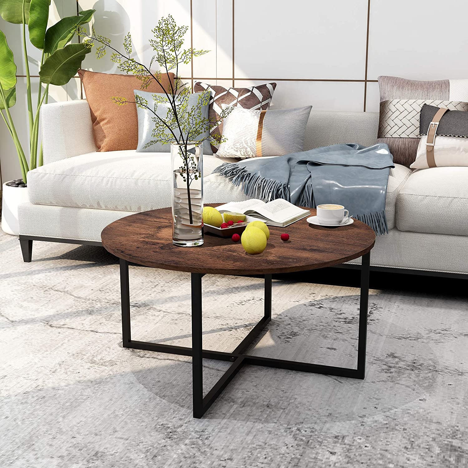 Round Coffee Table Kitchen Dining Table Modern Tea Table Office Conference Pedestal Desk Computer Study Desk Rustic Brown/Black