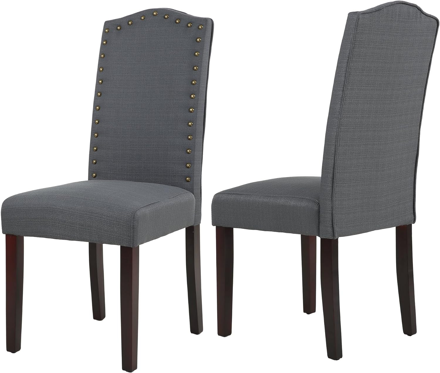 Set of 2 Luxurious Fabric Dining Chairs with Copper Nails and Solid Wood Legs (Dark Gray)