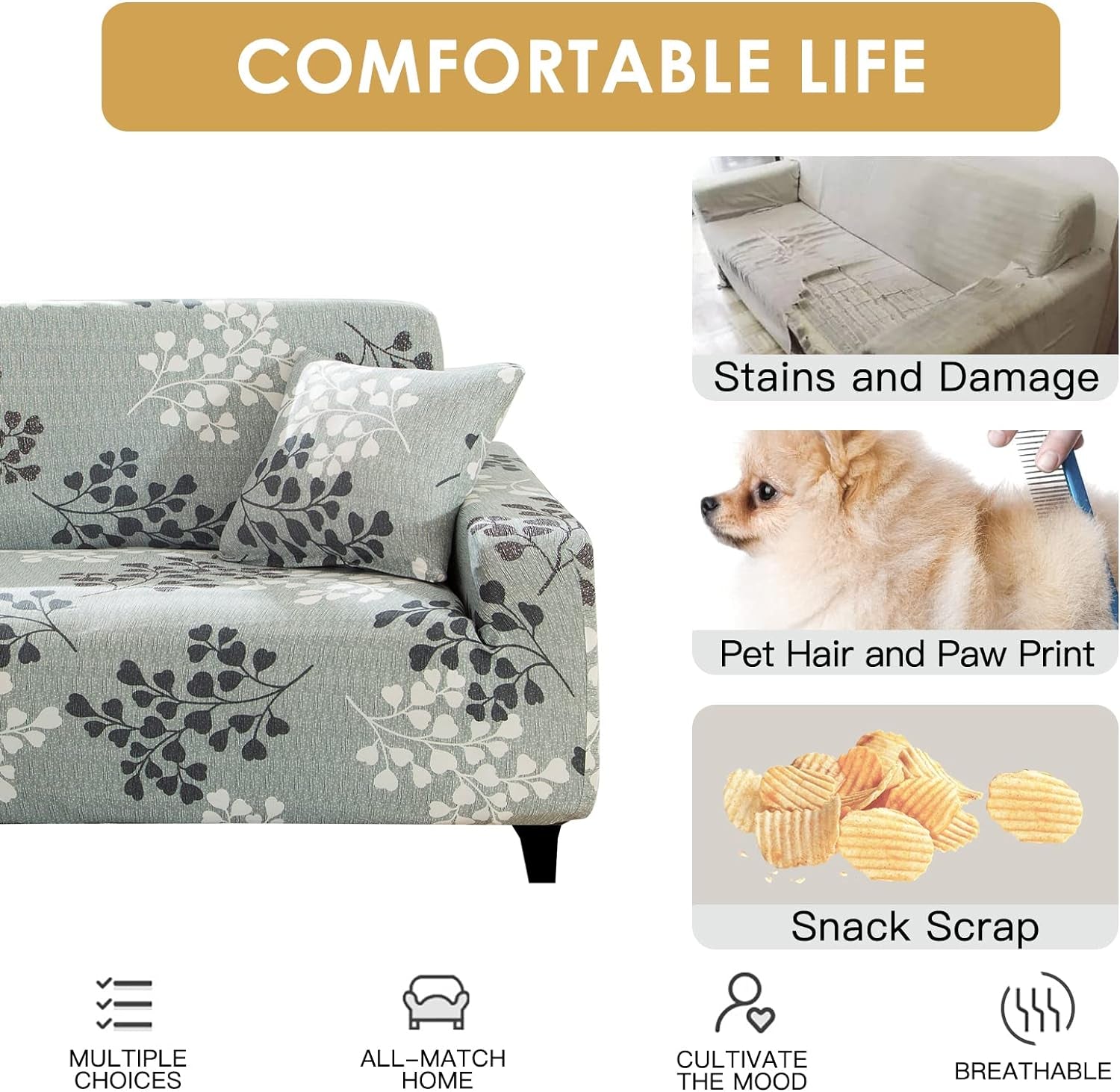 Stretch Sofa Cover Printed Couch Covers Loveseat Slipcovers for 2 Cushion Couches Sofas Elastic Universal Furniture Protector with 1 Pillowcase (Medium, Cyan Grey Leaves)