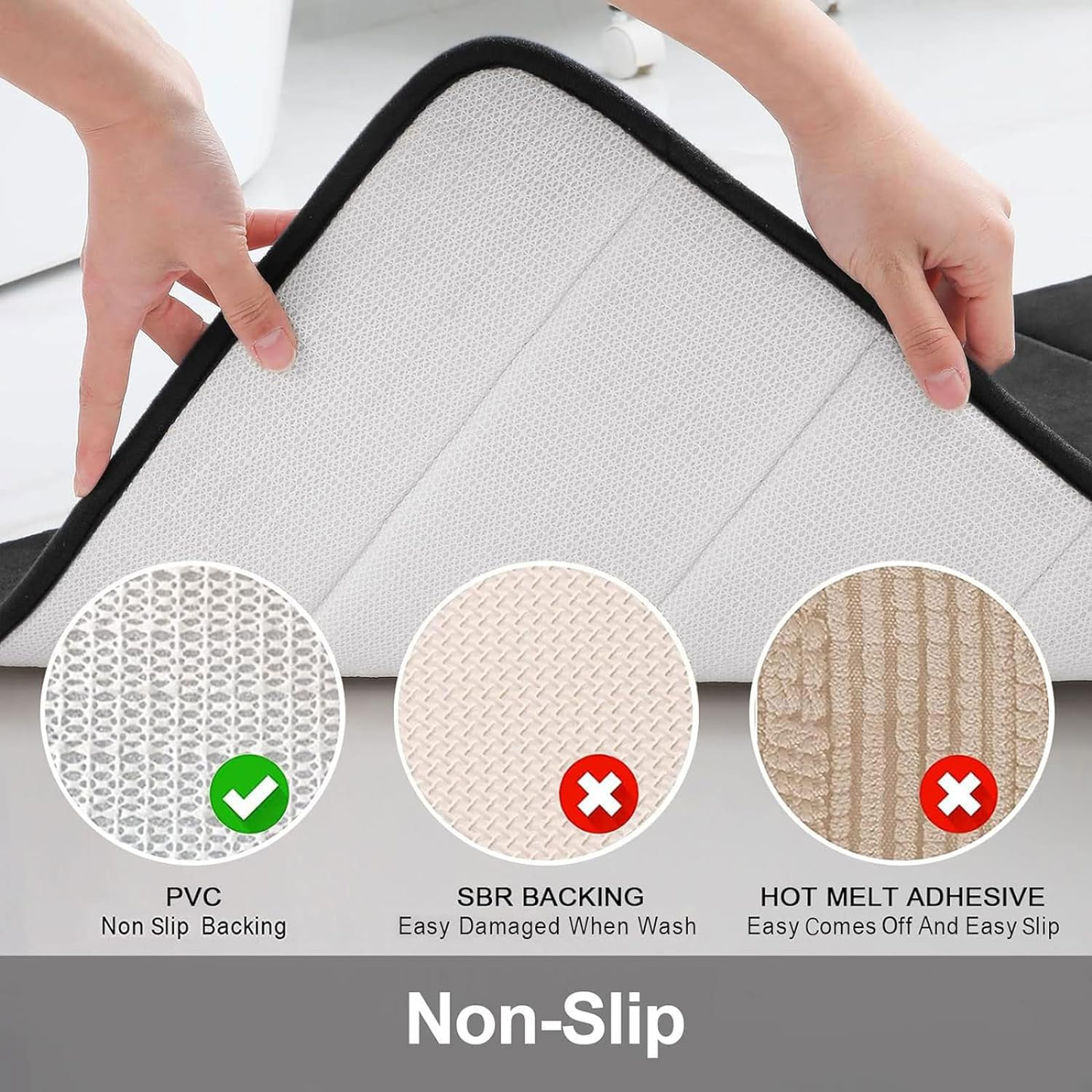 Memory Foam 3 Pieces Bathroom Rugs Set - Thick Soft Absorbent Non-Slip Bath Mats, Washable Small/Large/Contour Bath Rugs, Black