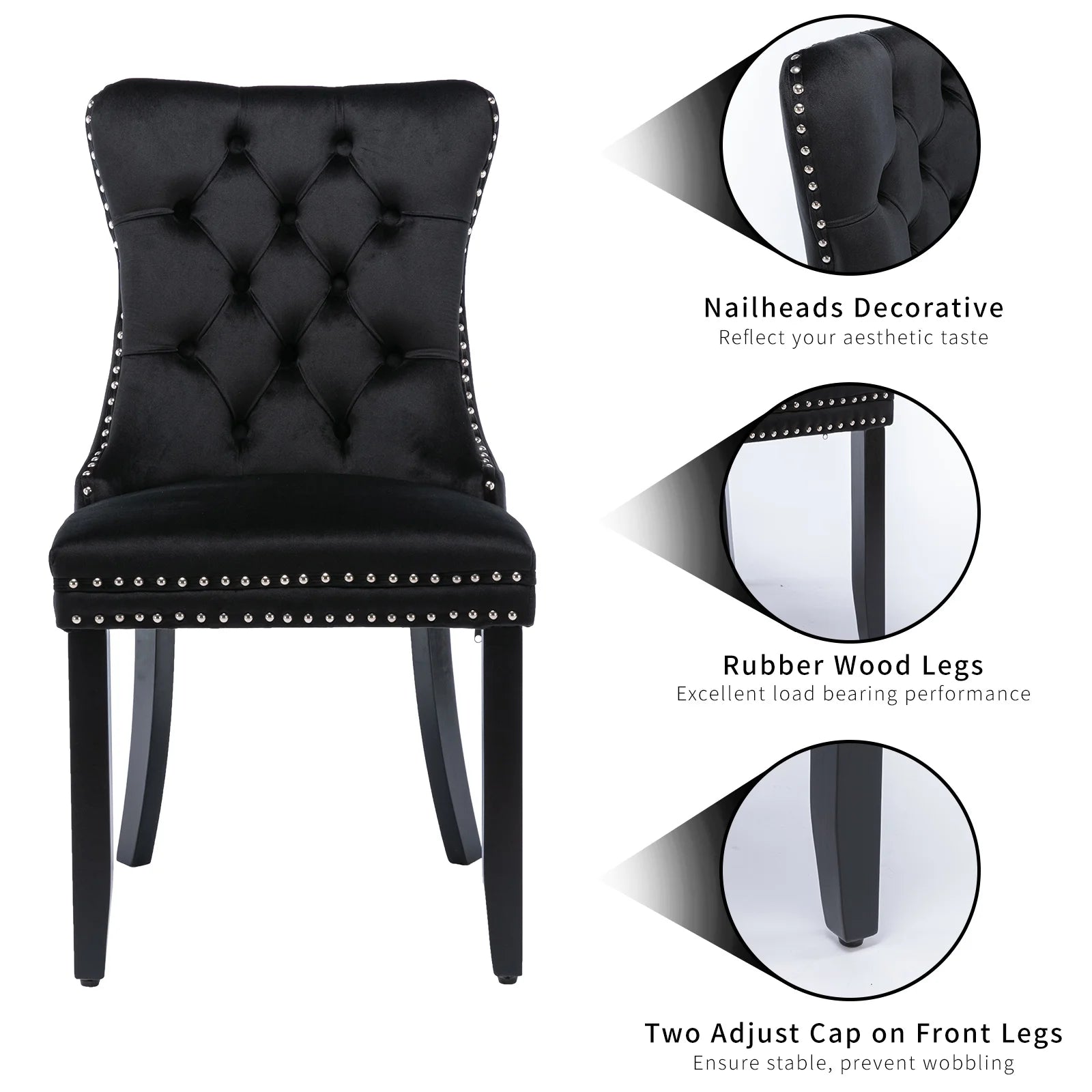 Black Velvet Dining Chairs Set of 2, Kitchen & Dining Room Chairs, Sillas De Comedor, Nailheads Tufted, Velvet Upholstered, Solid Wood (Black, 2 Pcs)