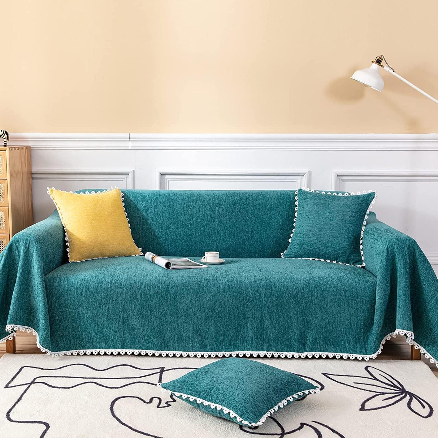 Modern Minimalist Sofa Covers for 3 Cushion Couch Sofa Chenille Couch Cover 71" X 118" Furniture Protector Couch Covers with Floral Lace for Dogs Cats, Bluish Green