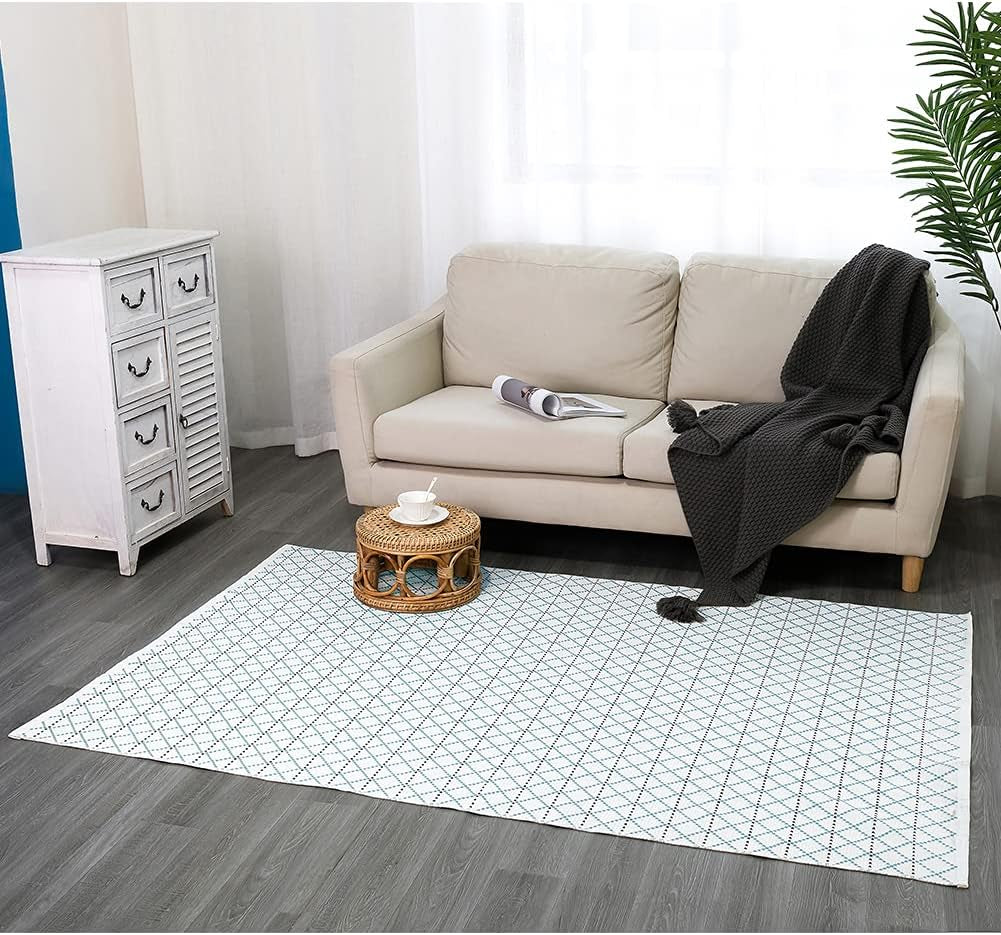 Cotton Woven Area Rug Farmhouse Kitchen Rug 4X6 Feet, Washable Boho Small Rug for Bathroom Outdoor Patio Entryway, Tribal Throw Rug Flatwoven Floor Carpet Door Mat 4'X6', Moroccan Pattern Blue Cream