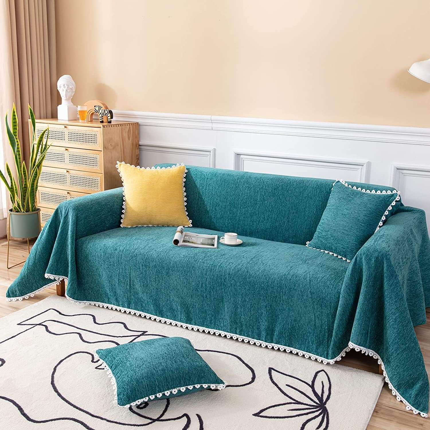 Modern Minimalist Sofa Covers for 3 Cushion Couch Sofa Chenille Couch Cover 71" X 118" Furniture Protector Couch Covers with Floral Lace for Dogs Cats, Bluish Green