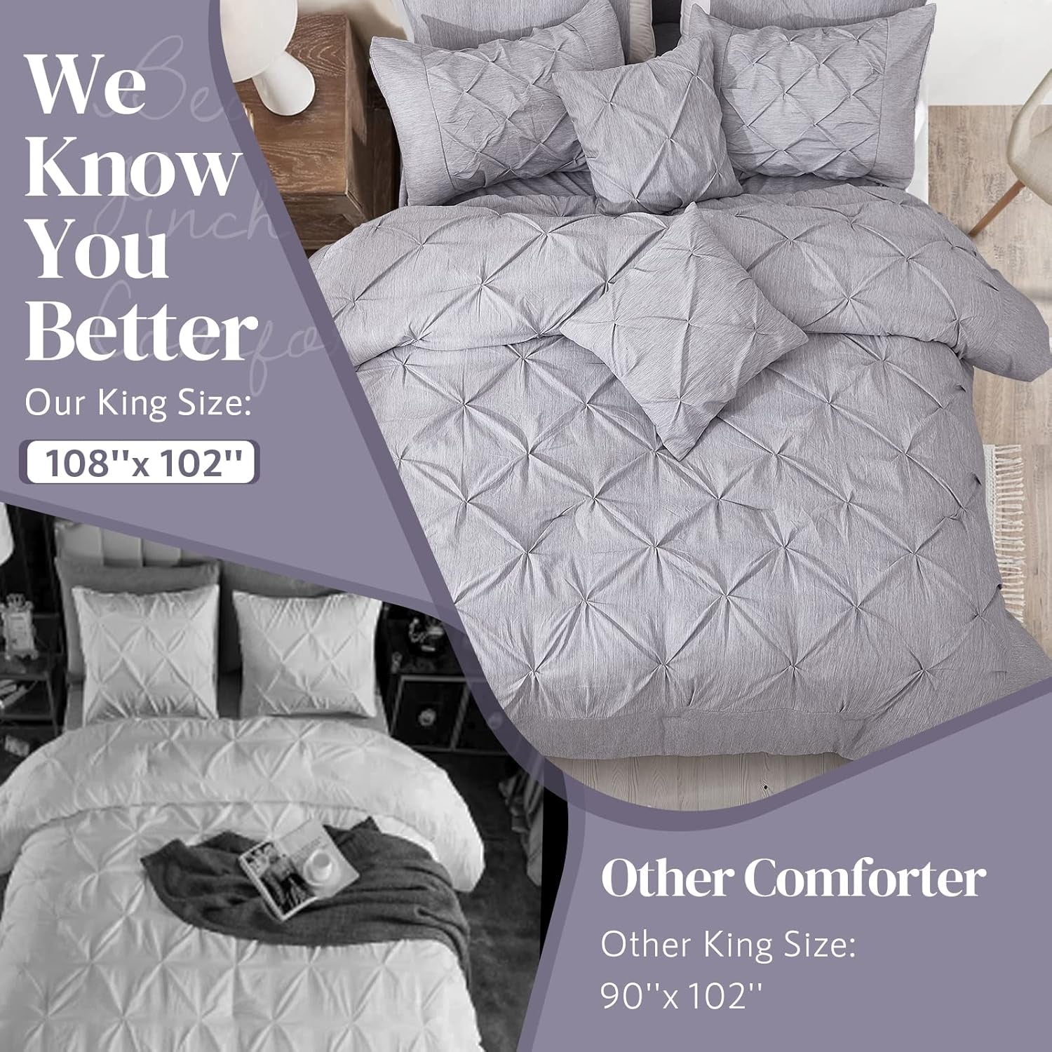 Pinch Pleated Comforter Set Oversized King(108"X 102"), 3 Pieces,1 Pintuck Cationic Dyeing Comforter & 2 Pillow Shams(20"X 36"), Pintuck down Alternative All Season Comforter Bedding Set