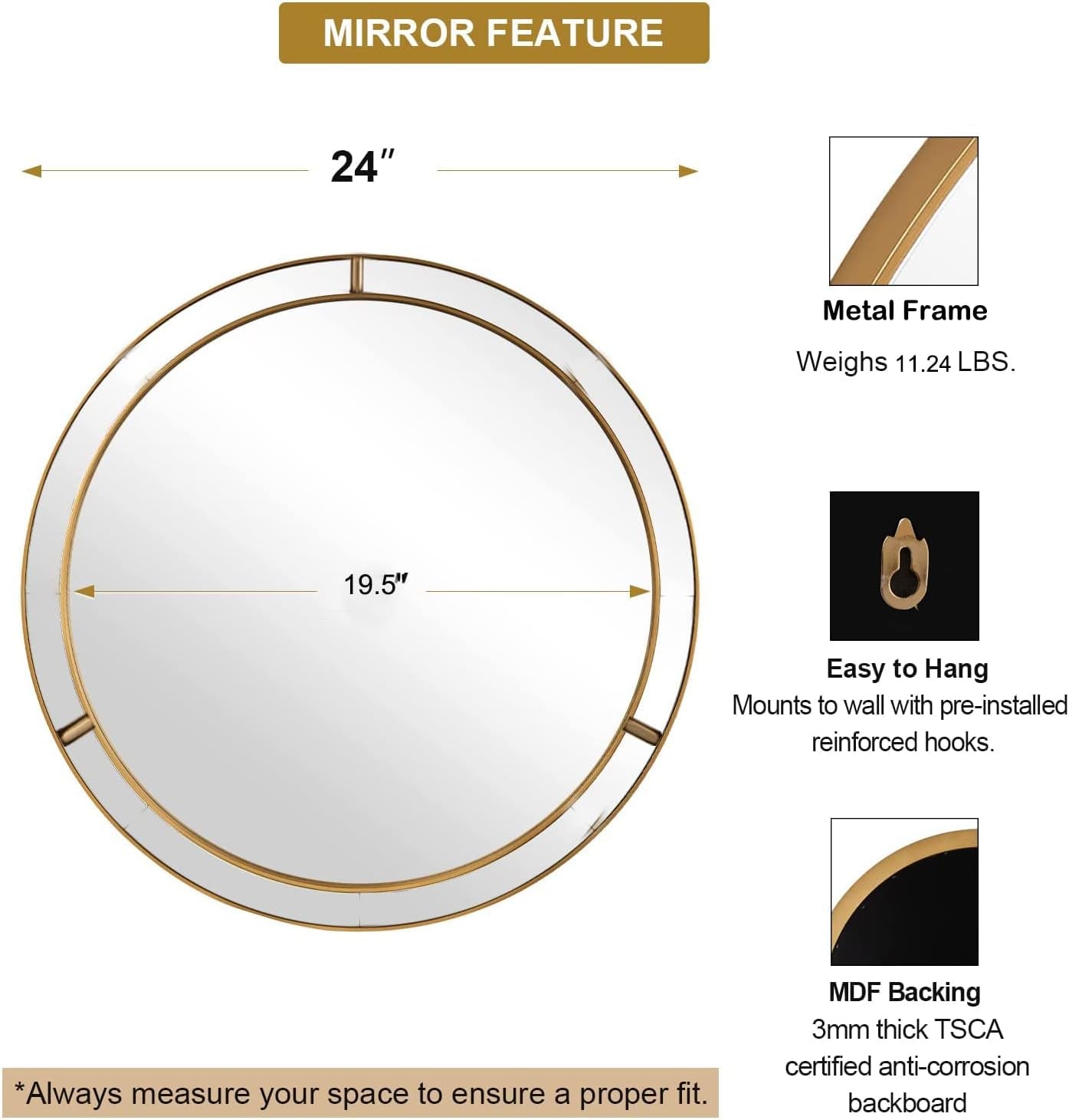 24" Decorative Wall Mirrors Modern Deluxe Metal round Wall Mirror with Golden Circle Ring Frame for Bedroom Bathroom Living Room Entryway