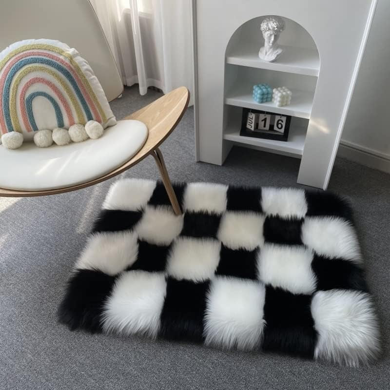 2×4 Area Rug for Living Room, Black and White Fluffy Shag Fuzzy Plush Soft Checkered Rugs for Bedroom, Shaggy Rug Floor Carpets for Kids Teen Dorm Home Decor Aesthetic, Boys and Girls Room