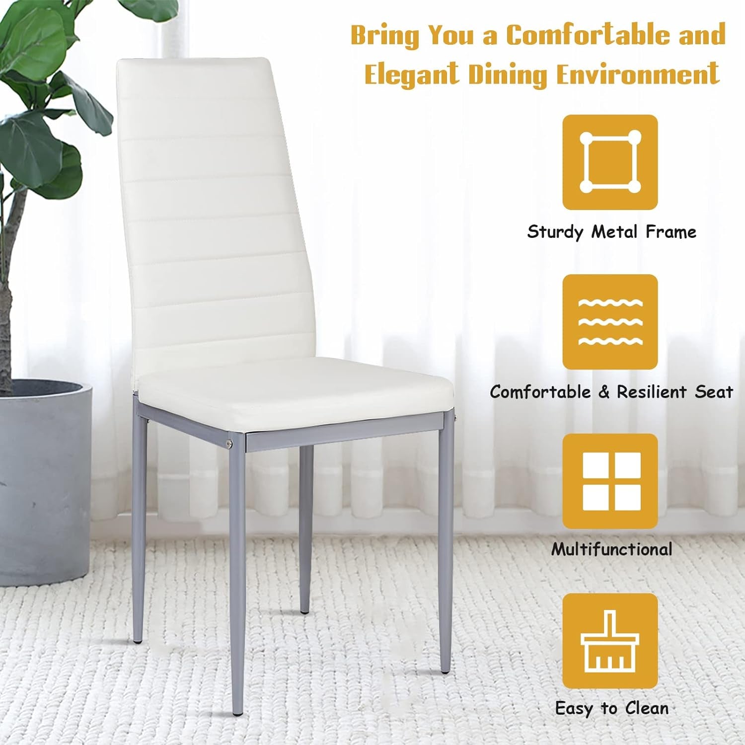 PU Leather Dining Chairs Set of 4, Upholstered Side Chairs W/Ergonomic High Backrest & Steel Frame, Dining Side Chairs for Kitchen, Dining Room, Restaurant (White)