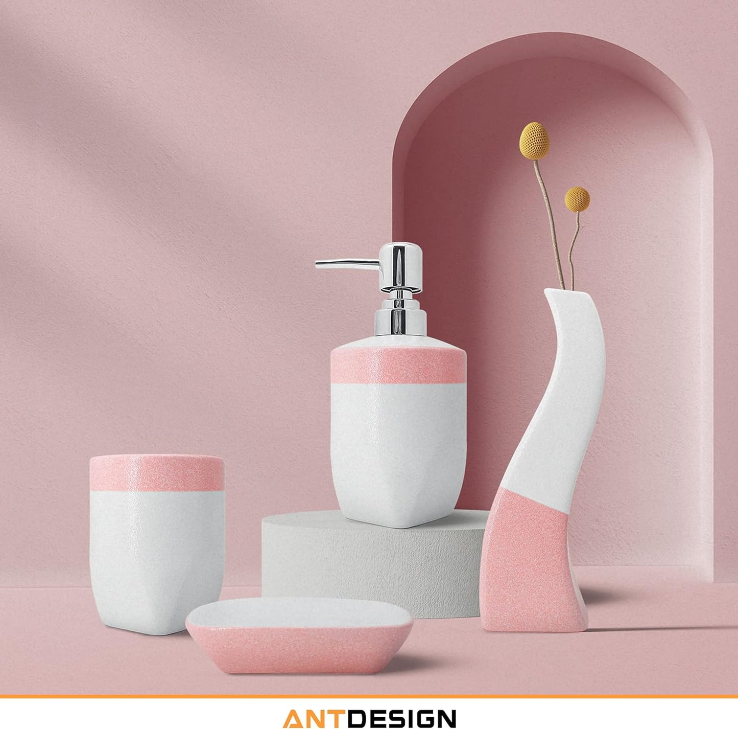 Pink Bathroom Accessory Set 5 Pcs, Including Hand Pump Soap Dispenser, Soap Dish, Toothbrush Holder and Vase,For Modern Bathroom Décor (Pink)