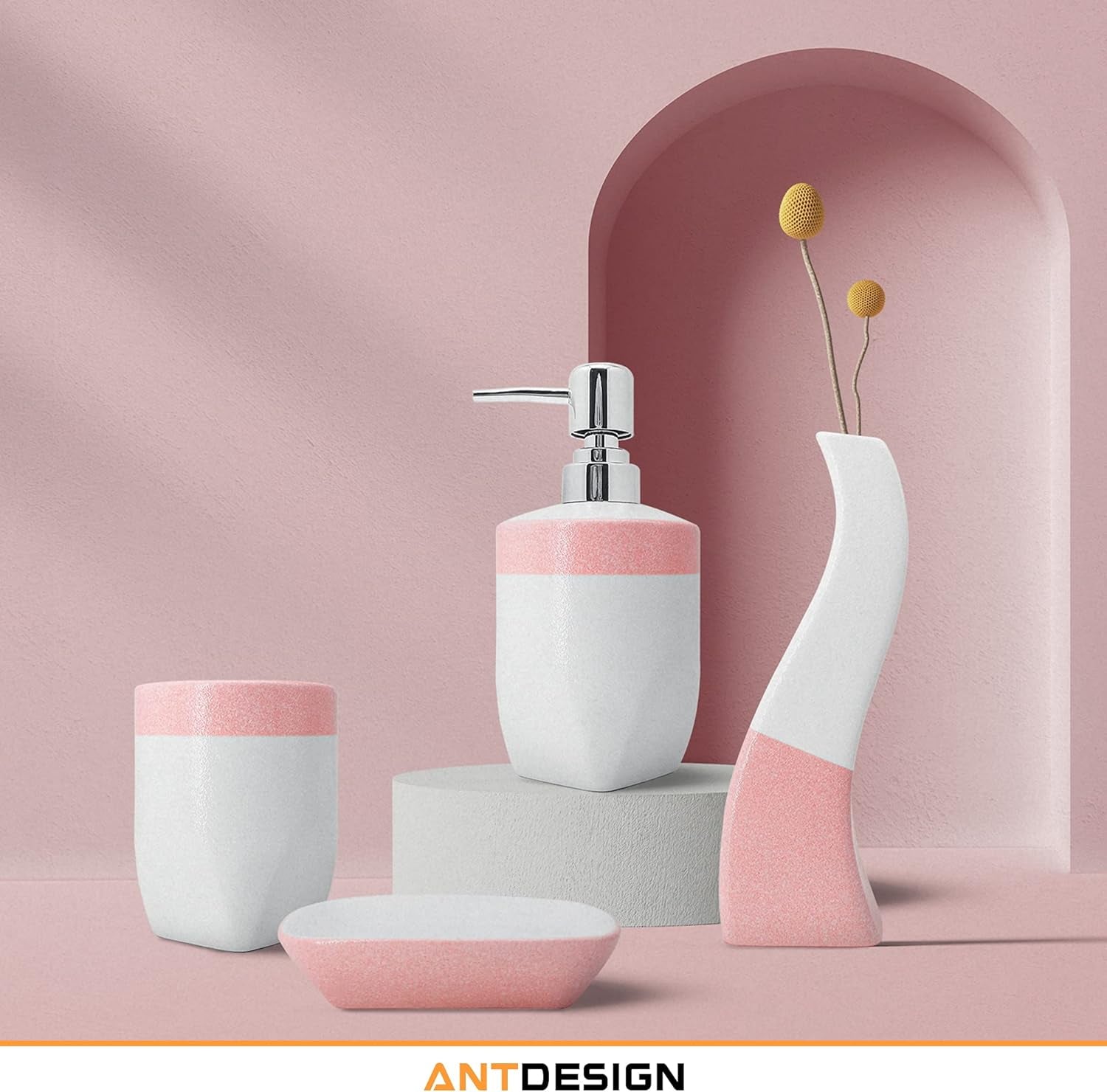 Pink Bathroom Accessory Set 5 Pcs, Including Hand Pump Soap Dispenser, Soap Dish, Toothbrush Holder and Vase,For Modern Bathroom Décor (Pink)