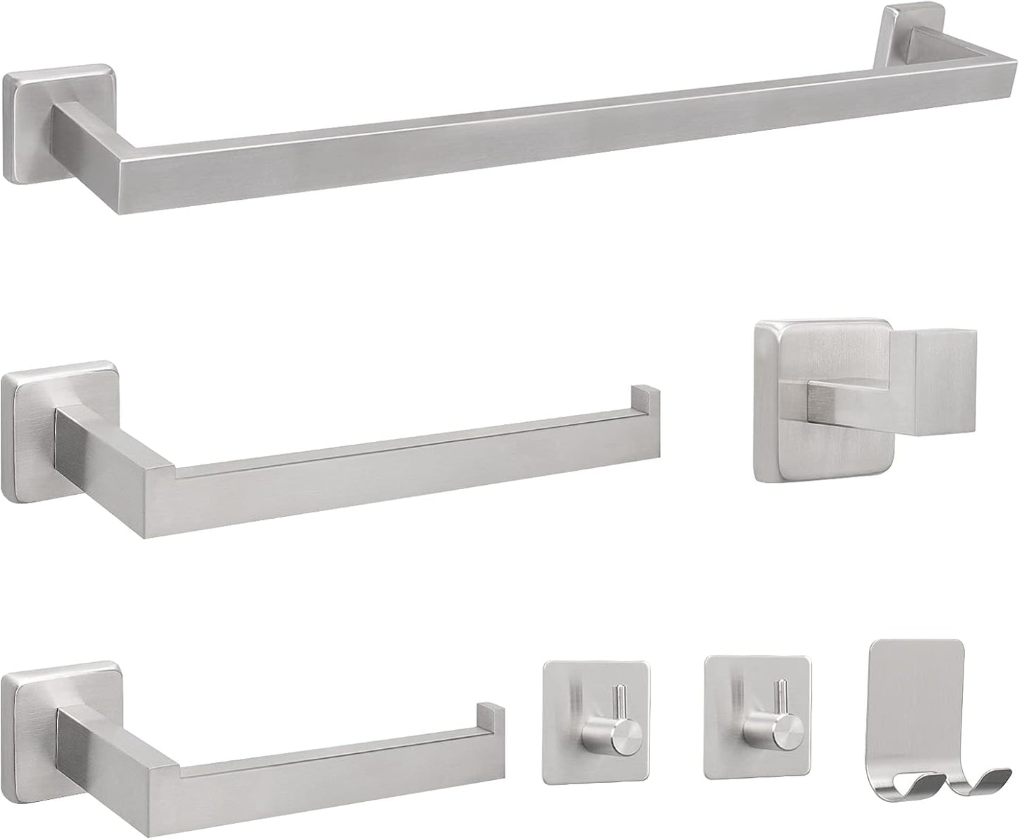7 Pieces Bathroom Hardware Set 304 Stainless Steel-Square Towel Rack Set Include 24" Towel Rod+ 10" Hand Towel Bar+ Toilet Paper Holder+ 4Robe Towel Hooks Bathroom Accessories(Brushed Nickel)
