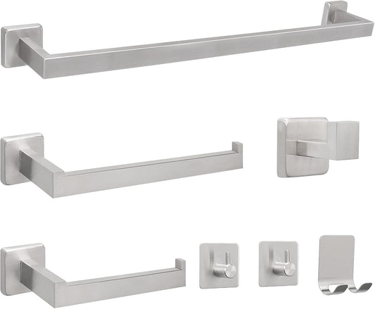 7 Pieces Bathroom Hardware Set 304 Stainless Steel-Square Towel Rack Set Include 24" Towel Rod+ 10" Hand Towel Bar+ Toilet Paper Holder+ 4Robe Towel Hooks Bathroom Accessories(Brushed Nickel)