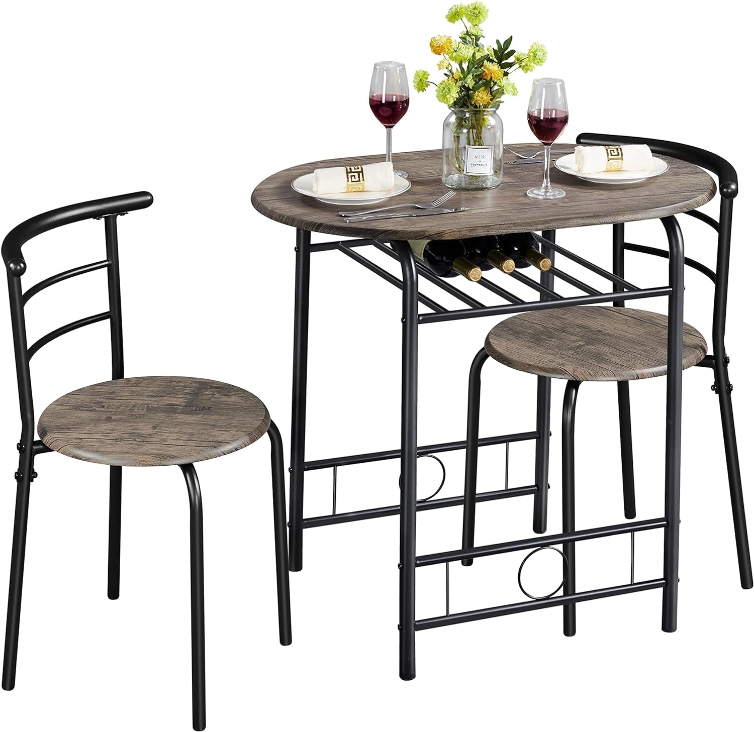 3 Piece Kitchen Table Set - Dining Table Sets for 2 - Compact Table and Chairs W/Steel Frame & Shelf Storage for Small Spaces, Apartment,Bistro - Drift Brown