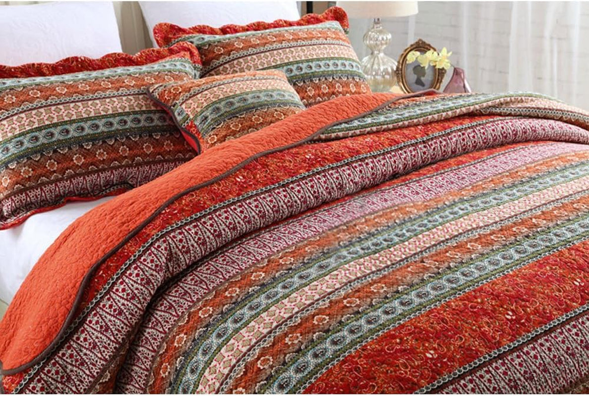 Striped Classical Cotton 3-Piece Patchwork Bedspread Quilt Sets, King Size