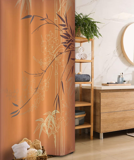 Asian Themed Stall Shower Curtain, Ethnic Branches and Flowers Illustration Eastern Nature Theme, Fabric Bathroom Decor Set with Hooks, 36" W X 72" L, Orange Yellow and Brown