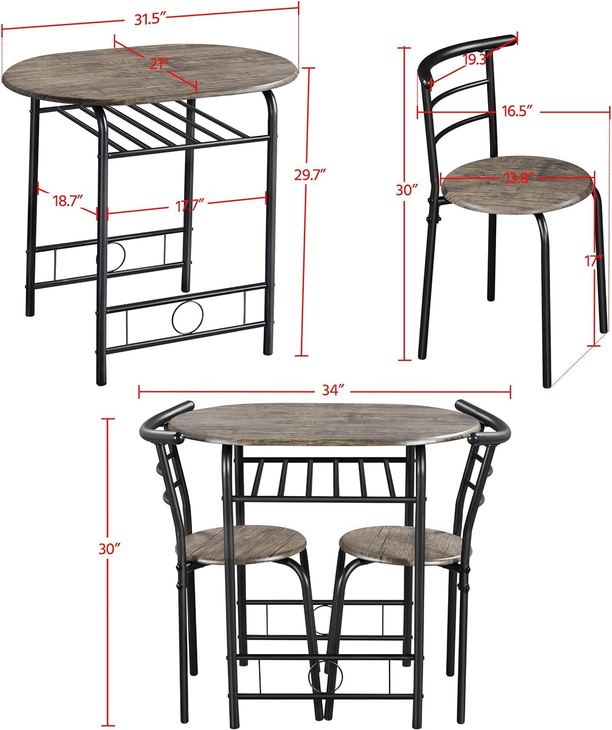3 Piece Kitchen Table Set - Dining Table Sets for 2 - Compact Table and Chairs W/Steel Frame & Shelf Storage for Small Spaces, Apartment,Bistro - Drift Brown