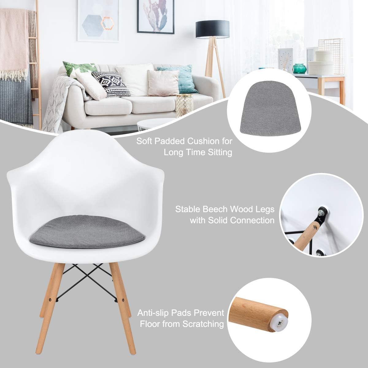 Dining Chairs Set of 2 White, Easily Assemble Modern Mid Century Dining Chairs with Wood Legs, Max Load to 330 Lbs, Plastic Kitchen Chairs with Arm for Dining Room