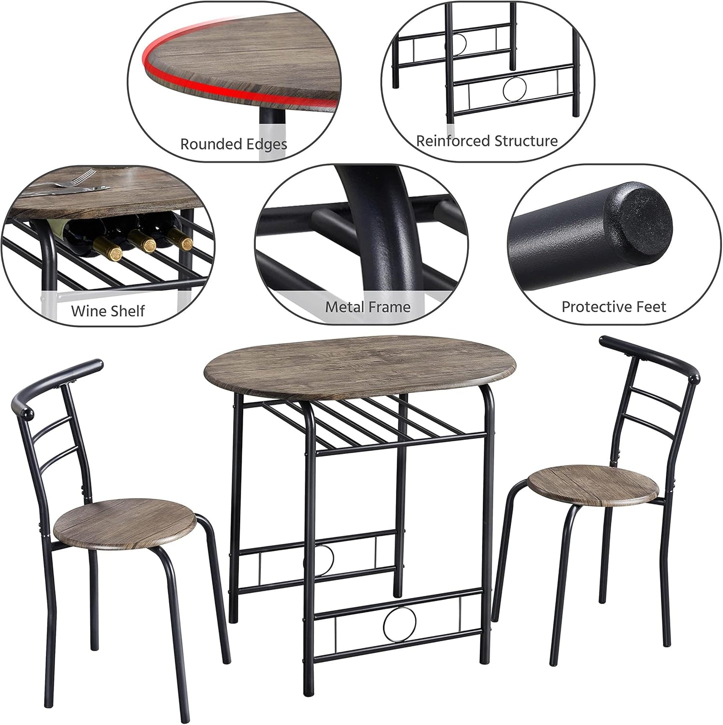 3 Piece Kitchen Table Set - Dining Table Sets for 2 - Compact Table and Chairs W/Steel Frame & Shelf Storage for Small Spaces, Apartment,Bistro - Drift Brown