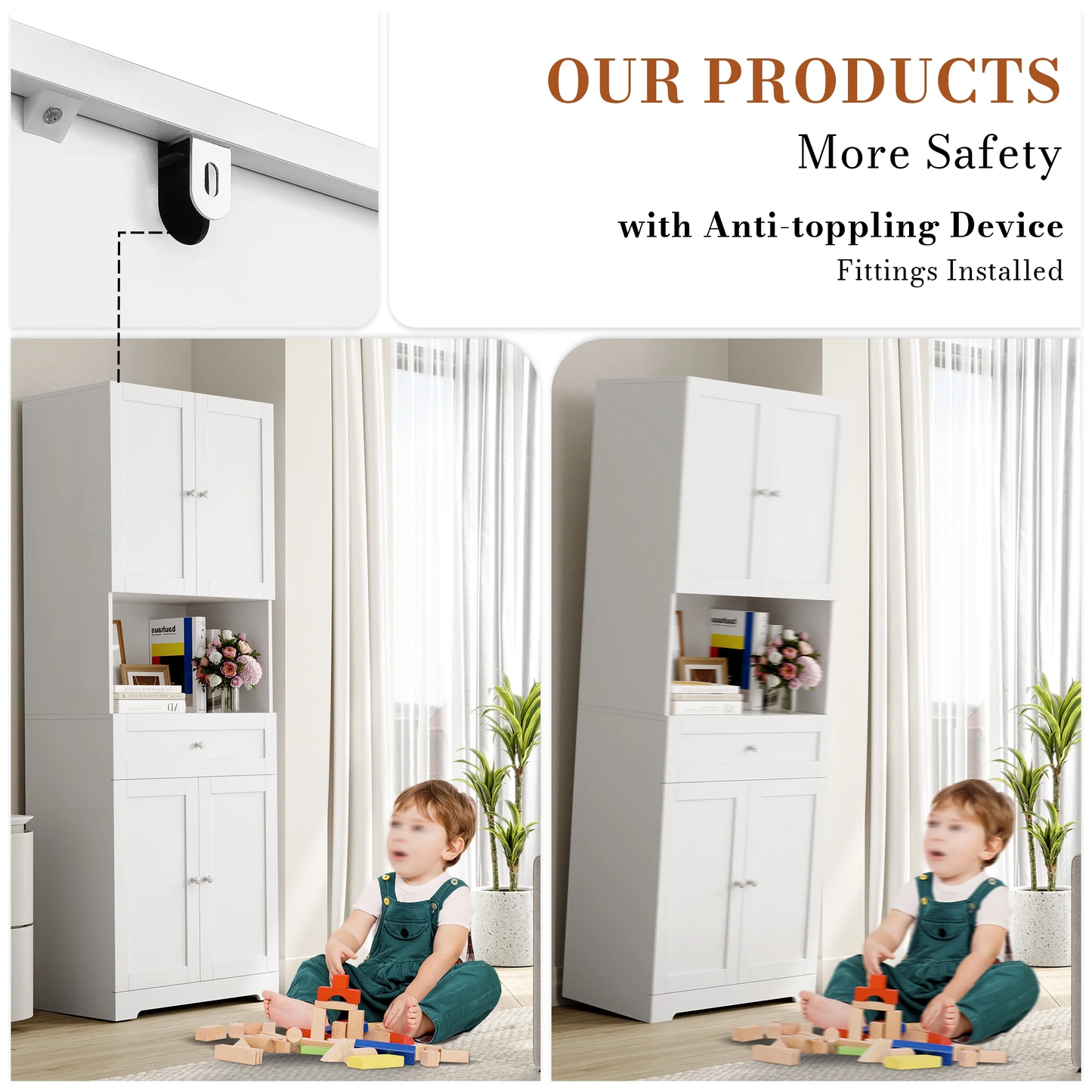 67.5" Tall Bathroom Storage Cabinet with Drawer, 4 Door Modern Freestanding Cupboard, White