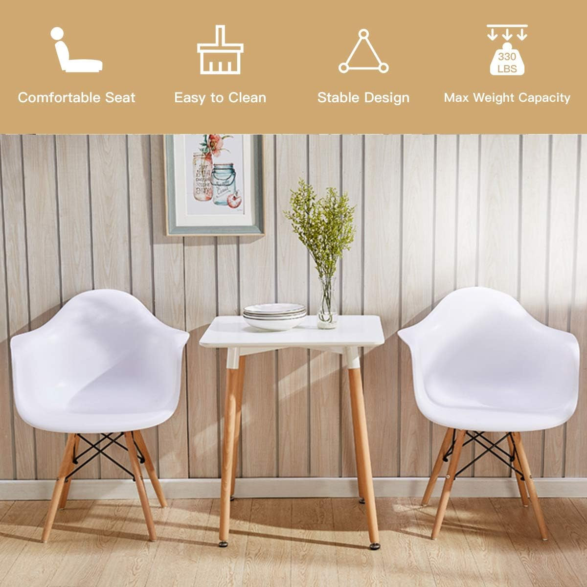 Dining Chairs Set of 2 White, Easily Assemble Modern Mid Century Dining Chairs with Wood Legs, Max Load to 330 Lbs, Plastic Kitchen Chairs with Arm for Dining Room