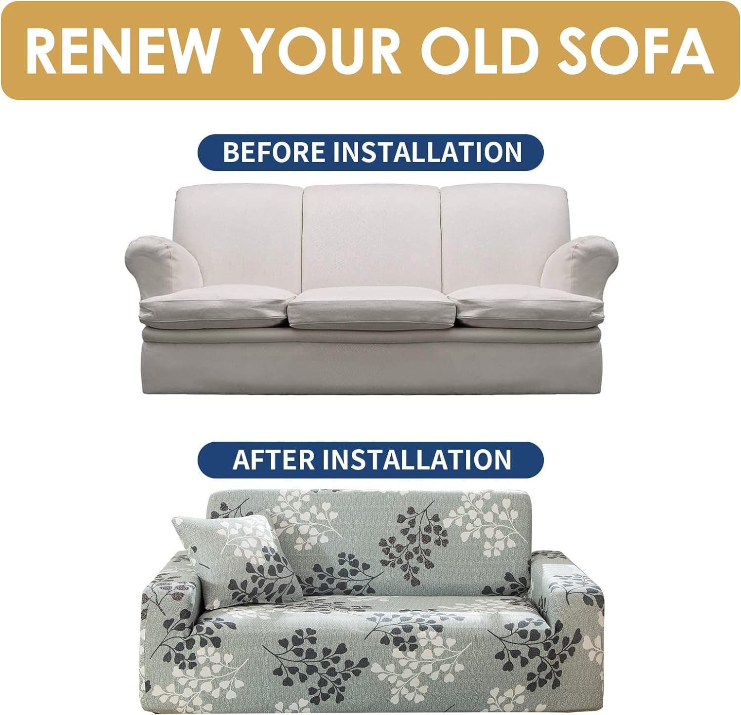 Stretch Sofa Cover Printed Couch Covers Loveseat Slipcovers for 2 Cushion Couches Sofas Elastic Universal Furniture Protector with 1 Pillowcase (Medium, Cyan Grey Leaves)