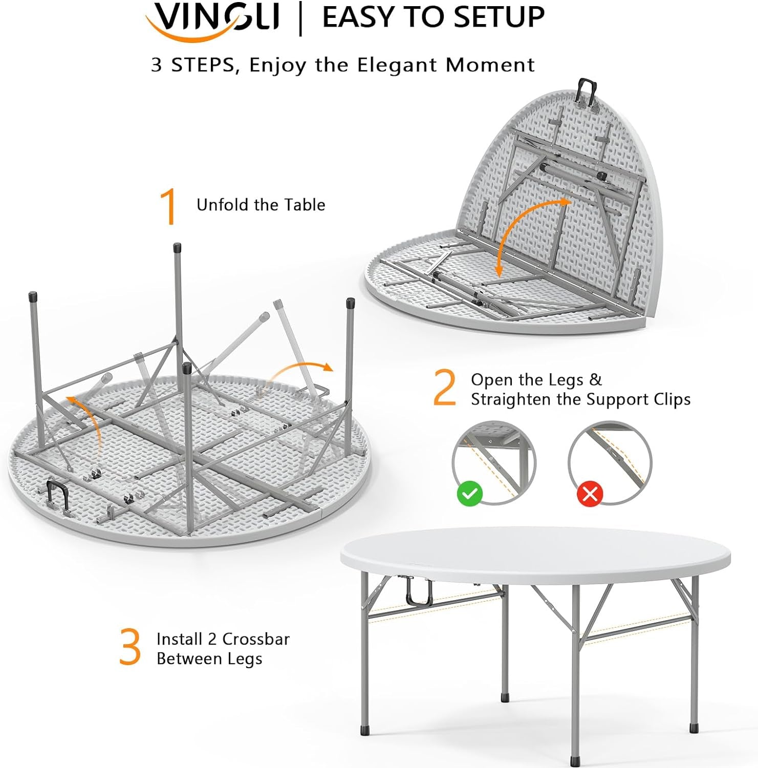 48" round Bi-Folding Commercial Table, 4 Feet Portable Plastic Dining Card Table for Kitchen or Outdoor Party Wedding Event, 1-Pack