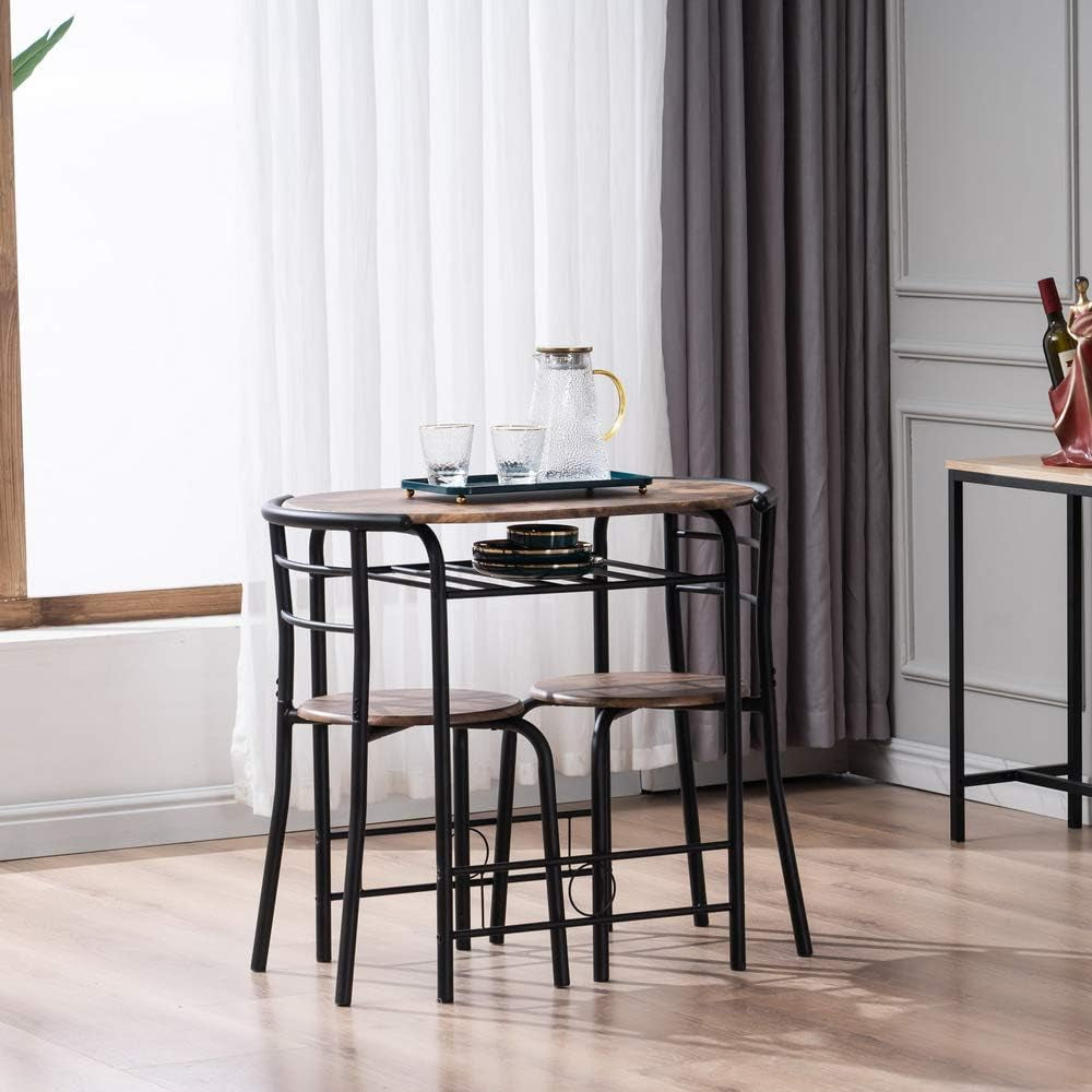 3 Piece Dining Table Set Kitchen Wood Dining Table Furniture Set and 2 Chairs Wooden round Table & Chair Set Compact Space with Steel Frame and Wine Rack for Kitchen, Dining Room (Ship from USA)