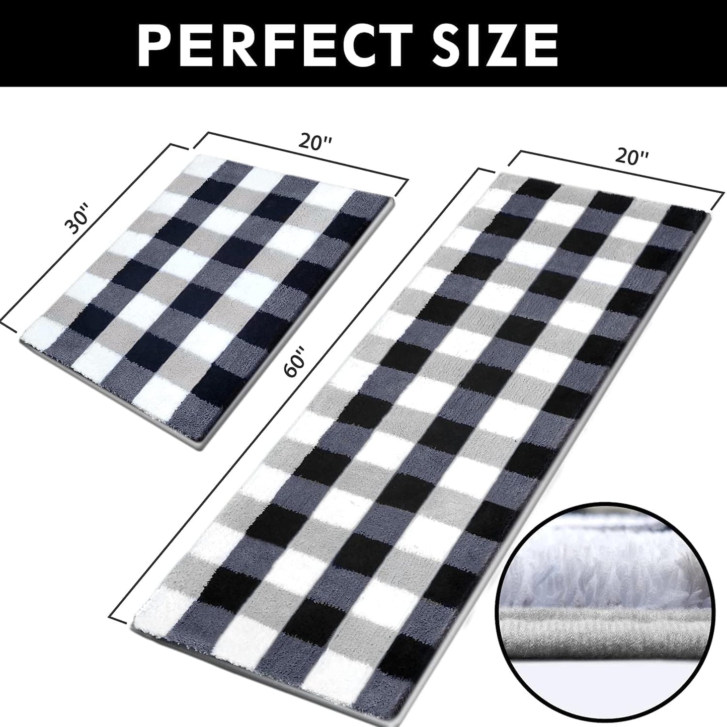 Buffalo Plaid Bathroom Rug Set 2 Pieces 20”X30”+20”X60”, Non Skid Washable Microfiber, Soft Absorbent Kitchen Rugs and Mats Set for Floor, Kitchen, Hallway, Bathroom, Laundry, Office