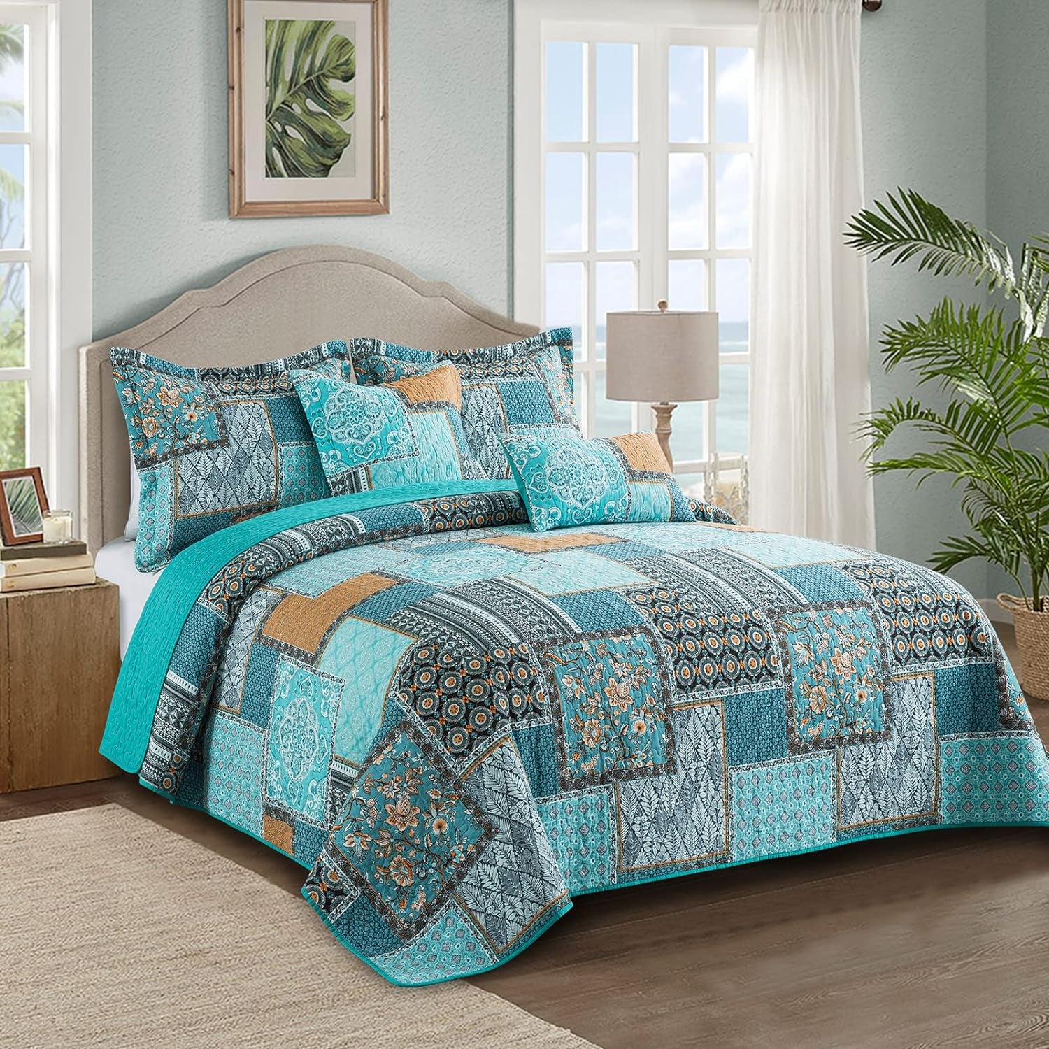 King Size Quilt Bedding Set - Soft Cotton King Size Bedspreads (98 * 106 In) - Lightweight Patchwork Floral Quilts for Farmhouse Bedroom (Teal/Green Chic, 3 Pieces)