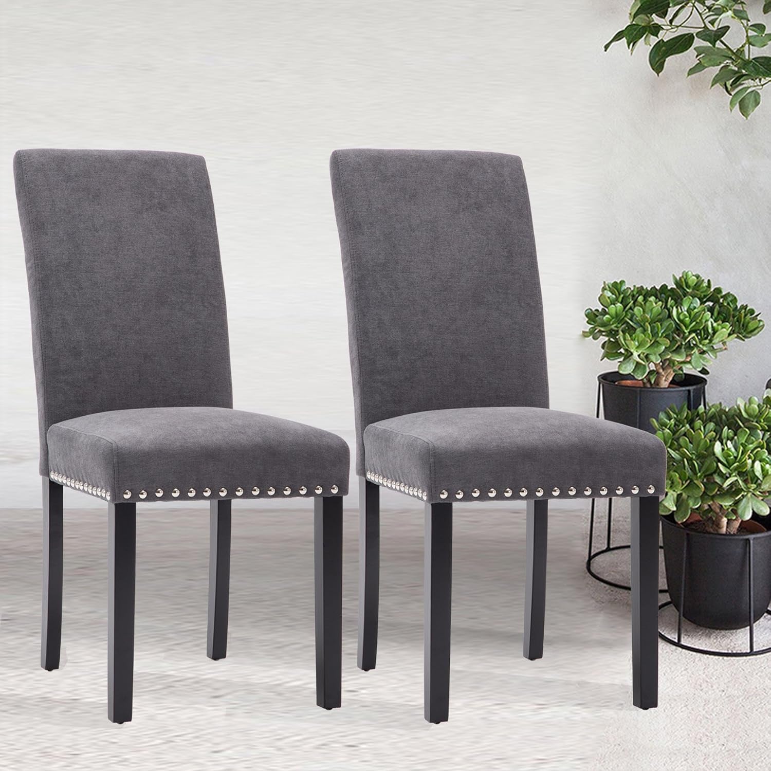Dining Chair Upholstered Fabric Dining Chairs with Copper Nails,Set of 4,Grey