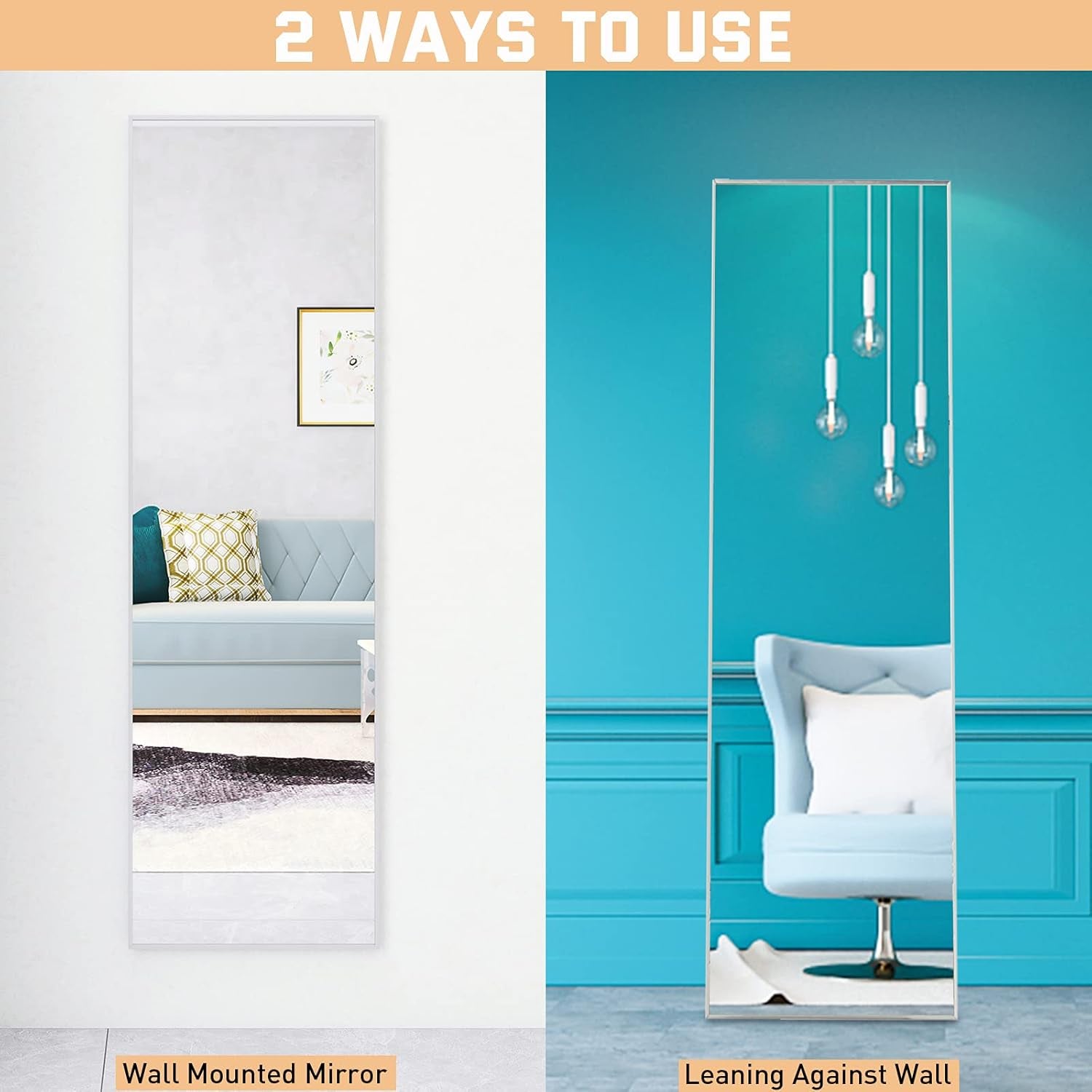 Full Length Mirror 52"X16" Wall-Mounted Large Standing Hanging or Leaning against Wall Mirror, Door Mirror Body Dressing Mirror with Aluminum Alloy Frame for Living Room, Bedroom, Silver