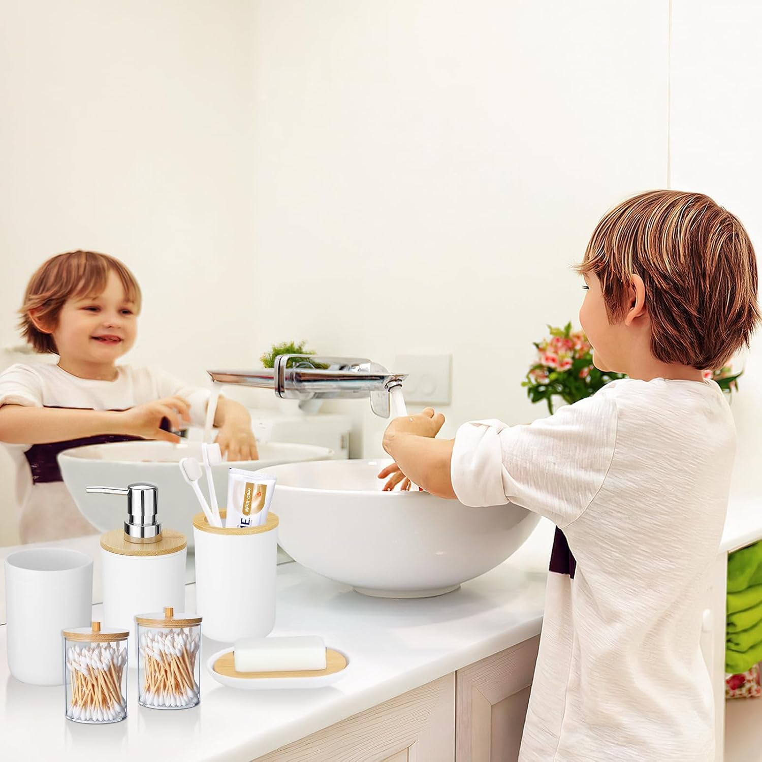 9 Pieces Bathroom Accessory Set, White Bathroom Accessories Set with Trash Can, Tray, Soap Dispenser, Toothbrush Holder, Toothbrush Cup, Soap Dish, Toilet Brush and Q-Tip Holders for Bathroom