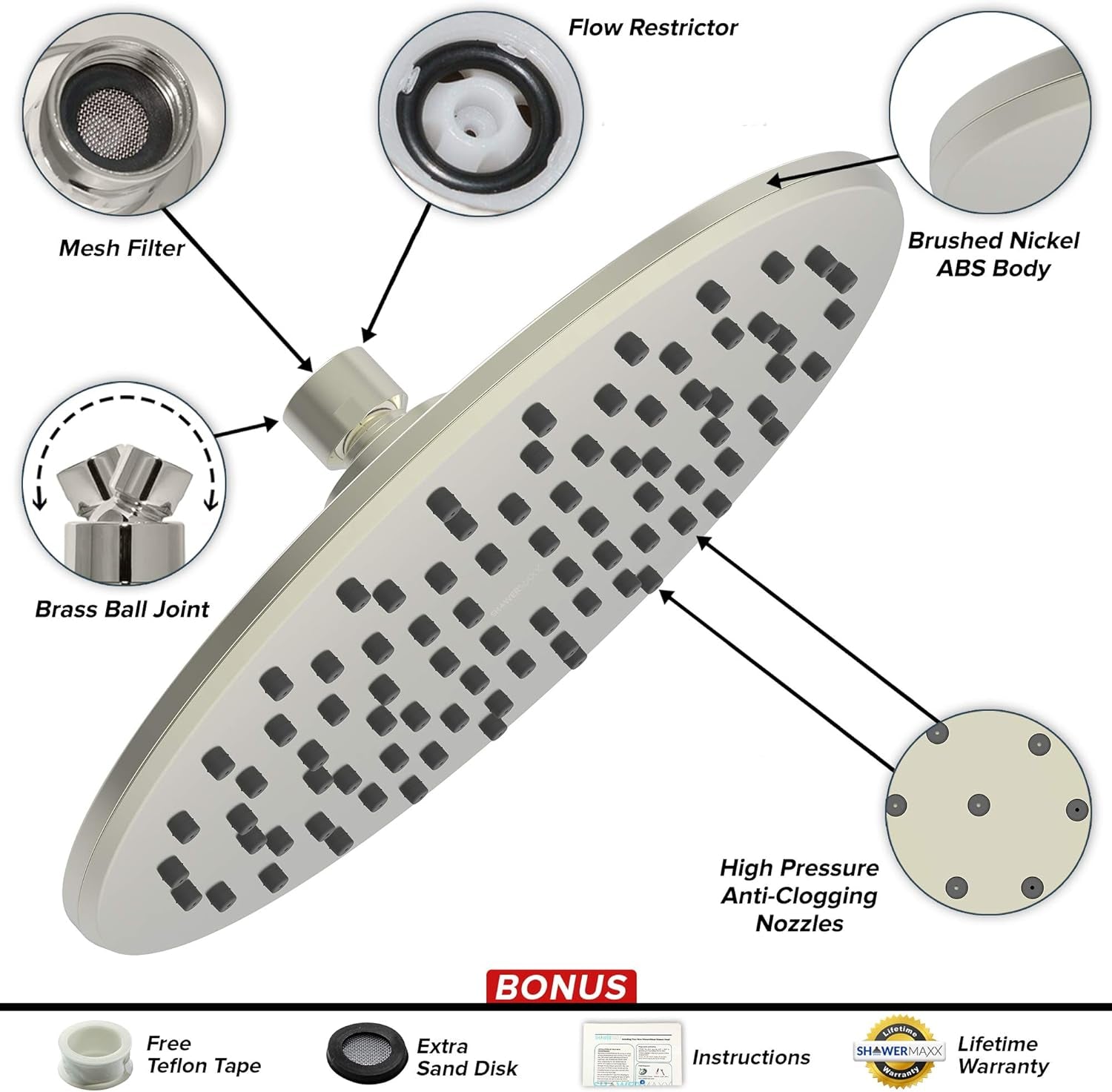 Luxury Spa Series: Brushed Nickel Rain Shower Head, 9-Inch round Rain Showerhead with 360 Tilt, Experience Rainfall with MAXX Comfort and Elegance (Brushed Nickel)