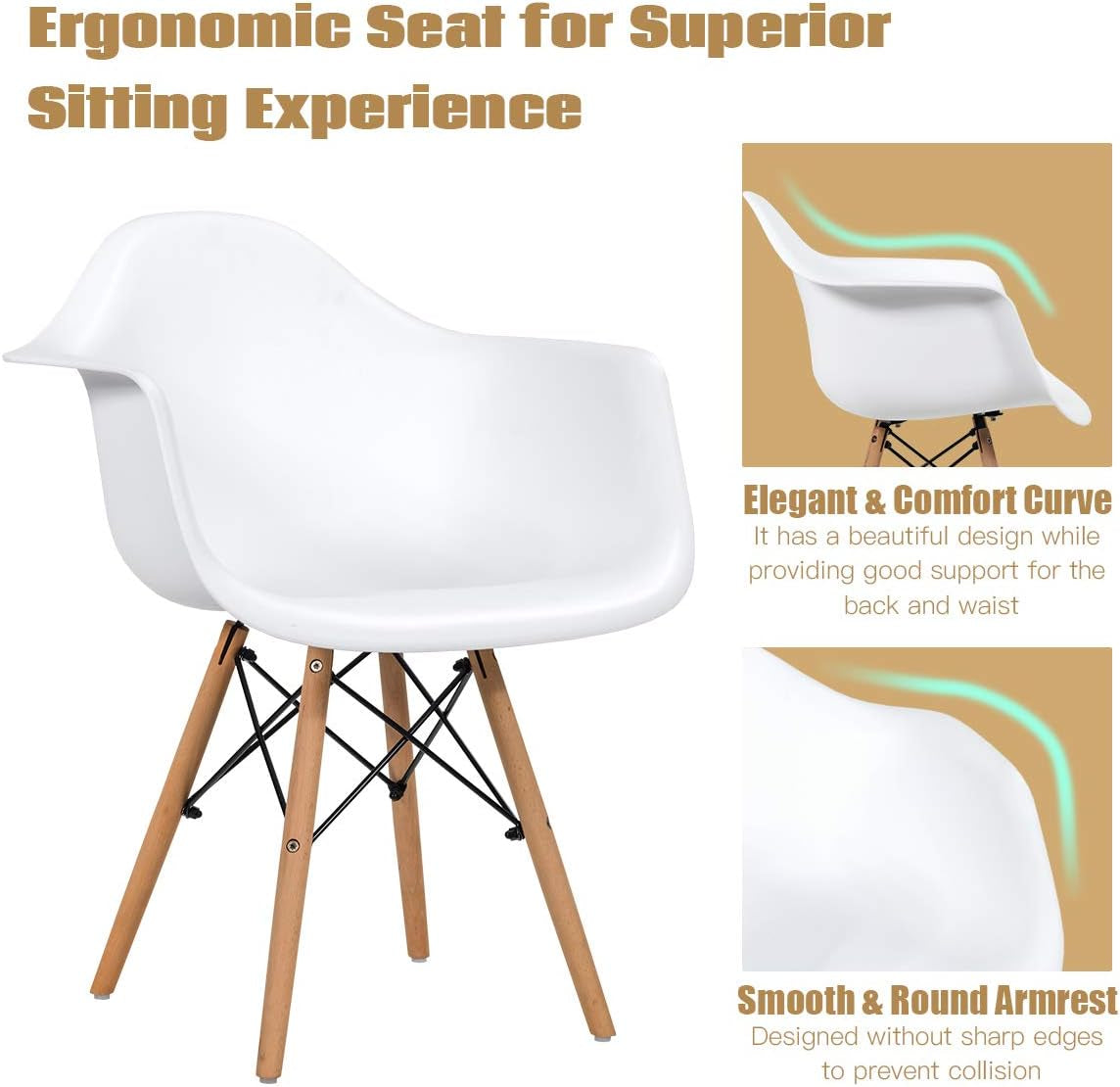 Dining Chairs Set of 2 White, Easily Assemble Modern Mid Century Dining Chairs with Wood Legs, Max Load to 330 Lbs, Plastic Kitchen Chairs with Arm for Dining Room