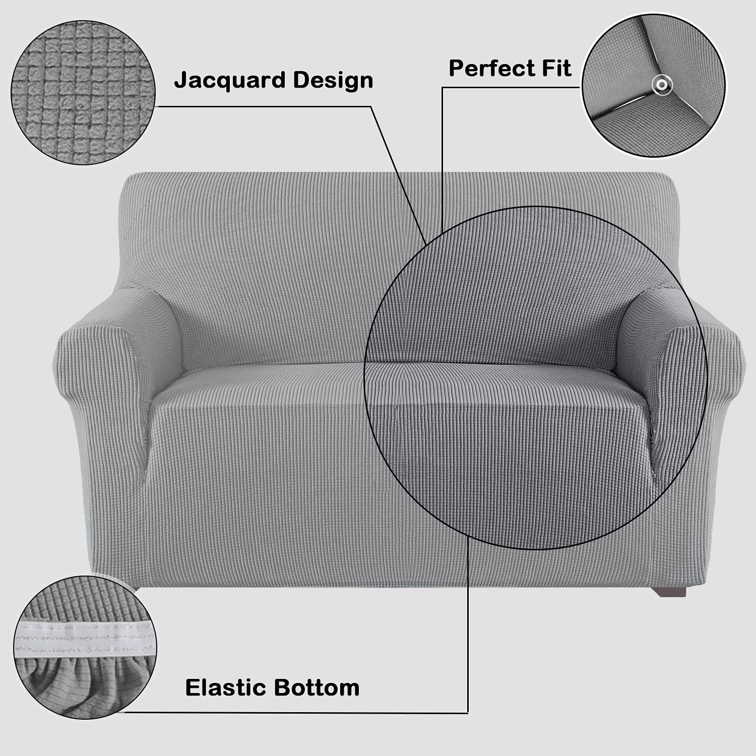 High Stretch Sofa Slipcover Non Slip Couch Cover for 3 Cushion Couch Washable Pet Furniture Protector Covers with Elastic Bottom, Thick Jacquard Fabric (Large, Dove)