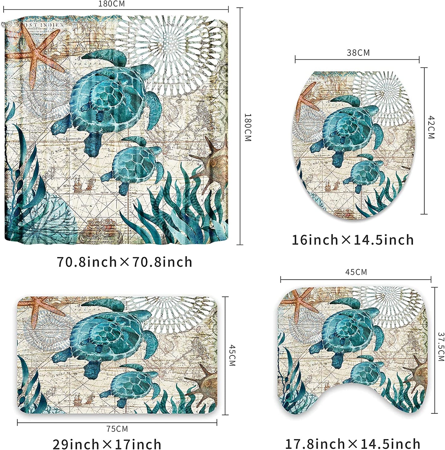 Nautical Blue Sea Bathroom Sets with Shower Curtain and Rugs and Accessories, Ocean Turtle Shower Curtain Sets with 12 Hooks, Bath Mat Set Bathroom Decor by Durable Waterproof Fabric