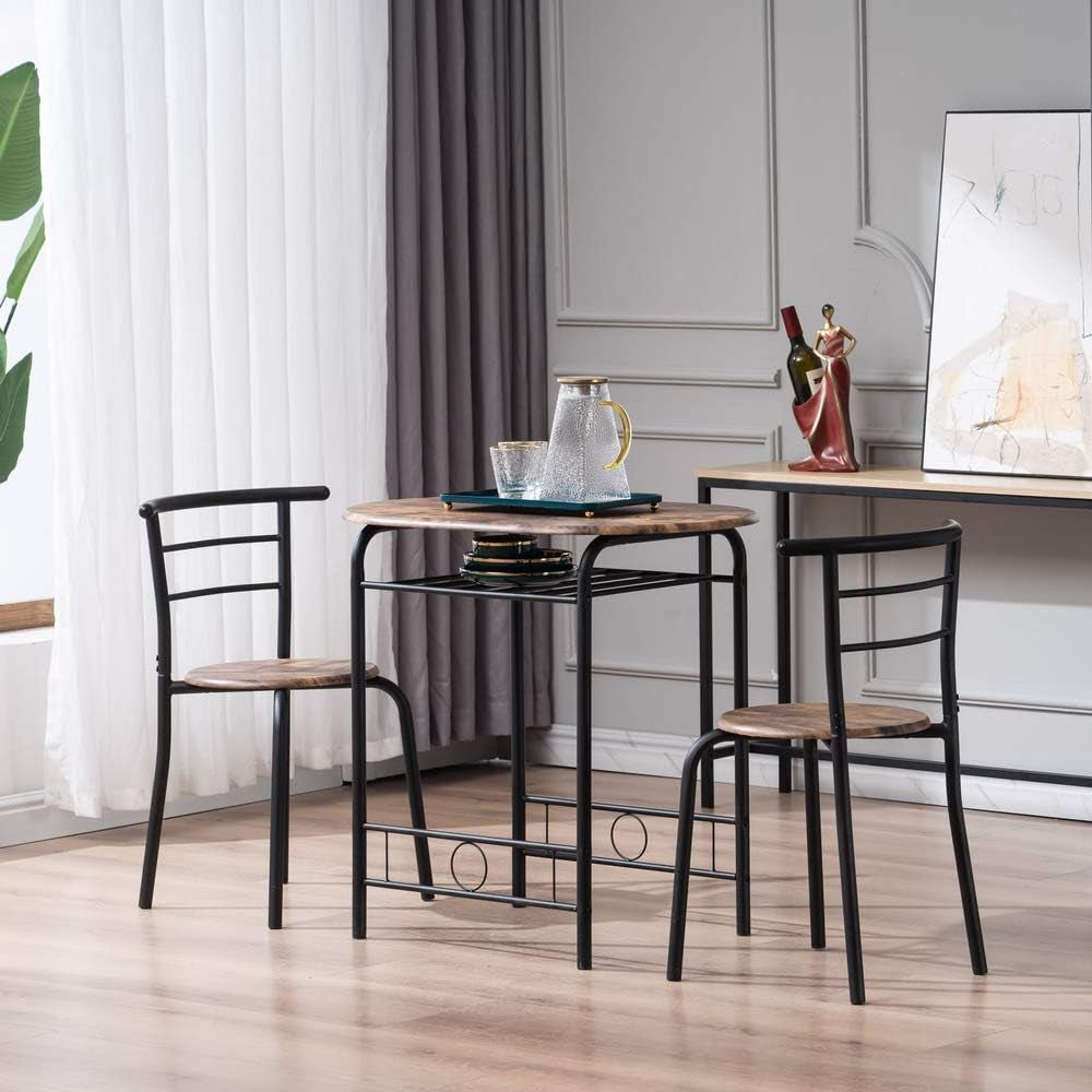 3 Piece Dining Table Set Kitchen Wood Dining Table Furniture Set and 2 Chairs Wooden round Table & Chair Set Compact Space with Steel Frame and Wine Rack for Kitchen, Dining Room (Ship from USA)