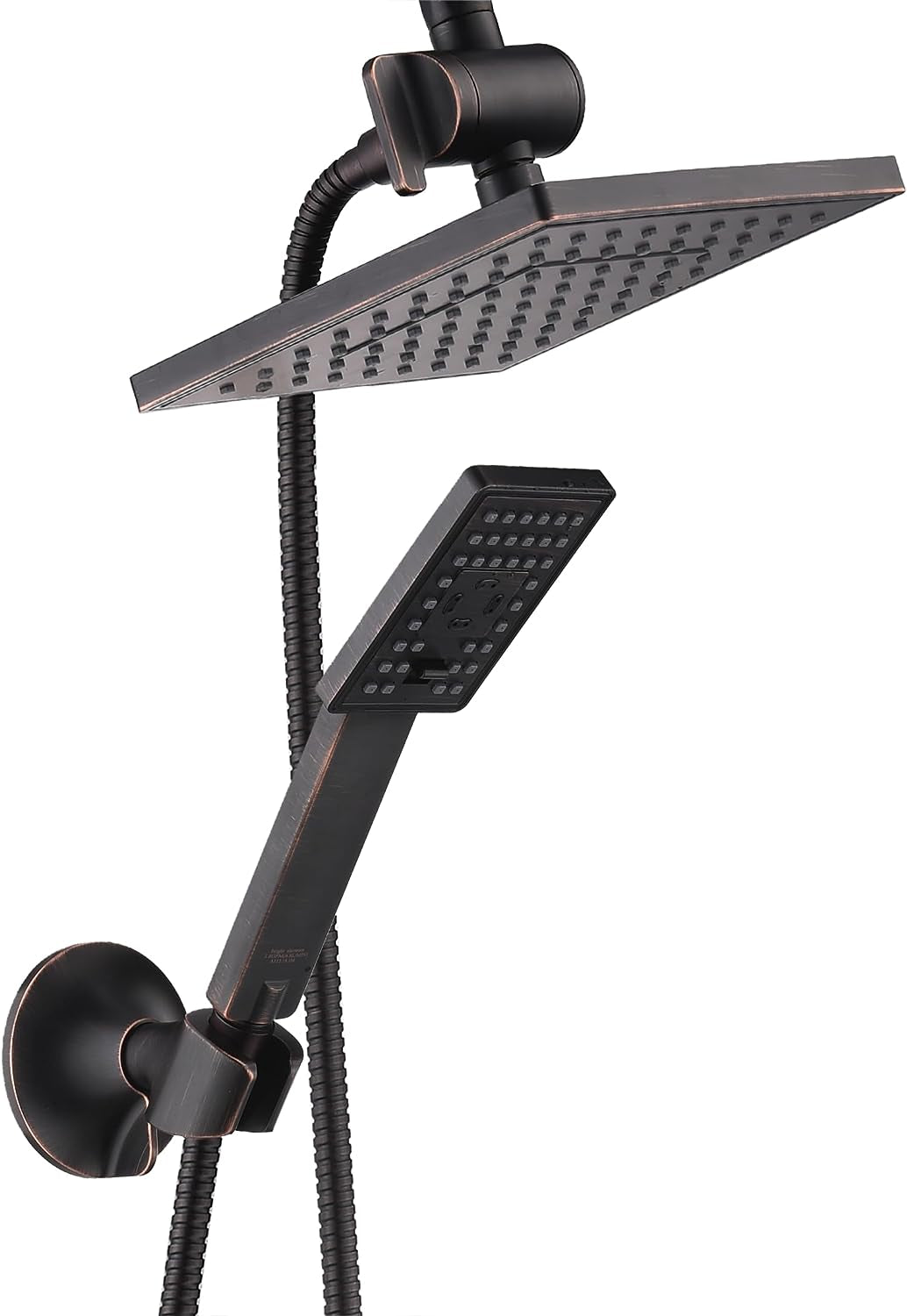 Rain Shower Head with Handheld Spray, 8 Inch Rainfall Shower Head Combo with 60" Hose, Adjustable Dual Square Showerhead Set with 3-Way Diverter, Wall Bracket, Oil-Rubbed Bronze