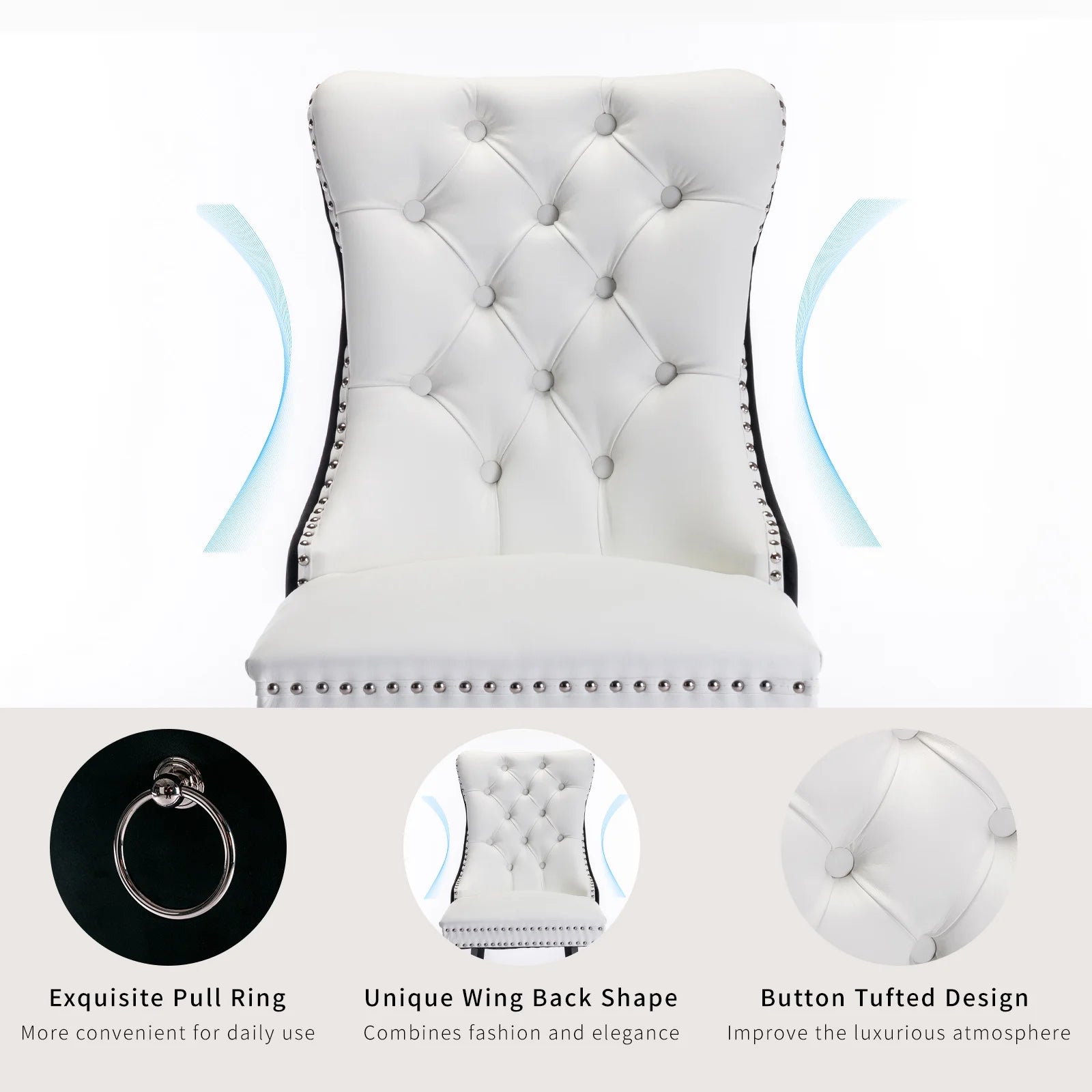 Dining Chairs Set of 2, Kitchen & Dining Room Chairs, Nailheads Tufted, Sillas De Comedor, White PU & Black Velvet Upholstered, Wood Legs (Two-Tone, 2 Pcs)