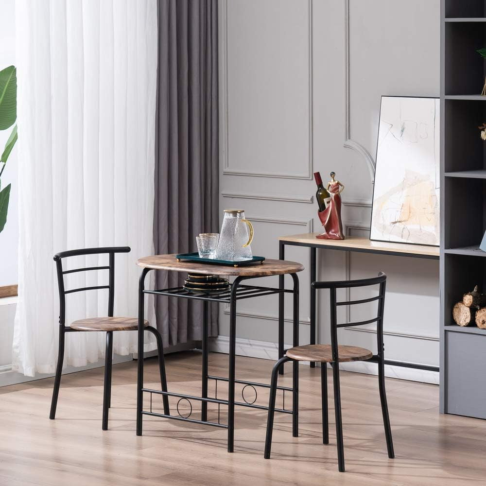 3 Piece Dining Table Set Kitchen Wood Dining Table Furniture Set and 2 Chairs Wooden round Table & Chair Set Compact Space with Steel Frame and Wine Rack for Kitchen, Dining Room (Ship from USA)