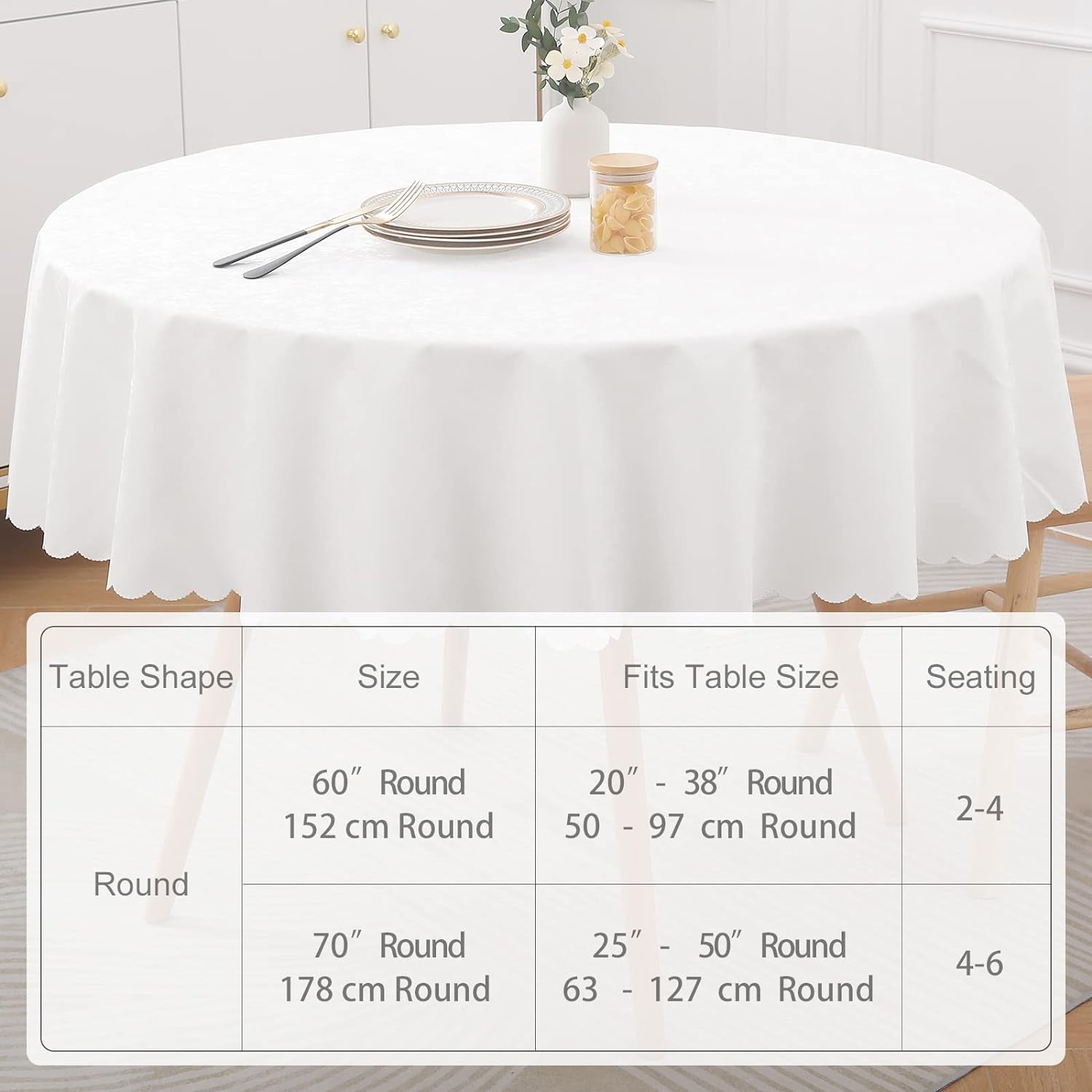 round Table Cloth, Waterproof Heavy Duty Vinyl Tablecloths, Wipeable Washable Table Cover for Kitchen and Dining Room (White, 60" X 60")